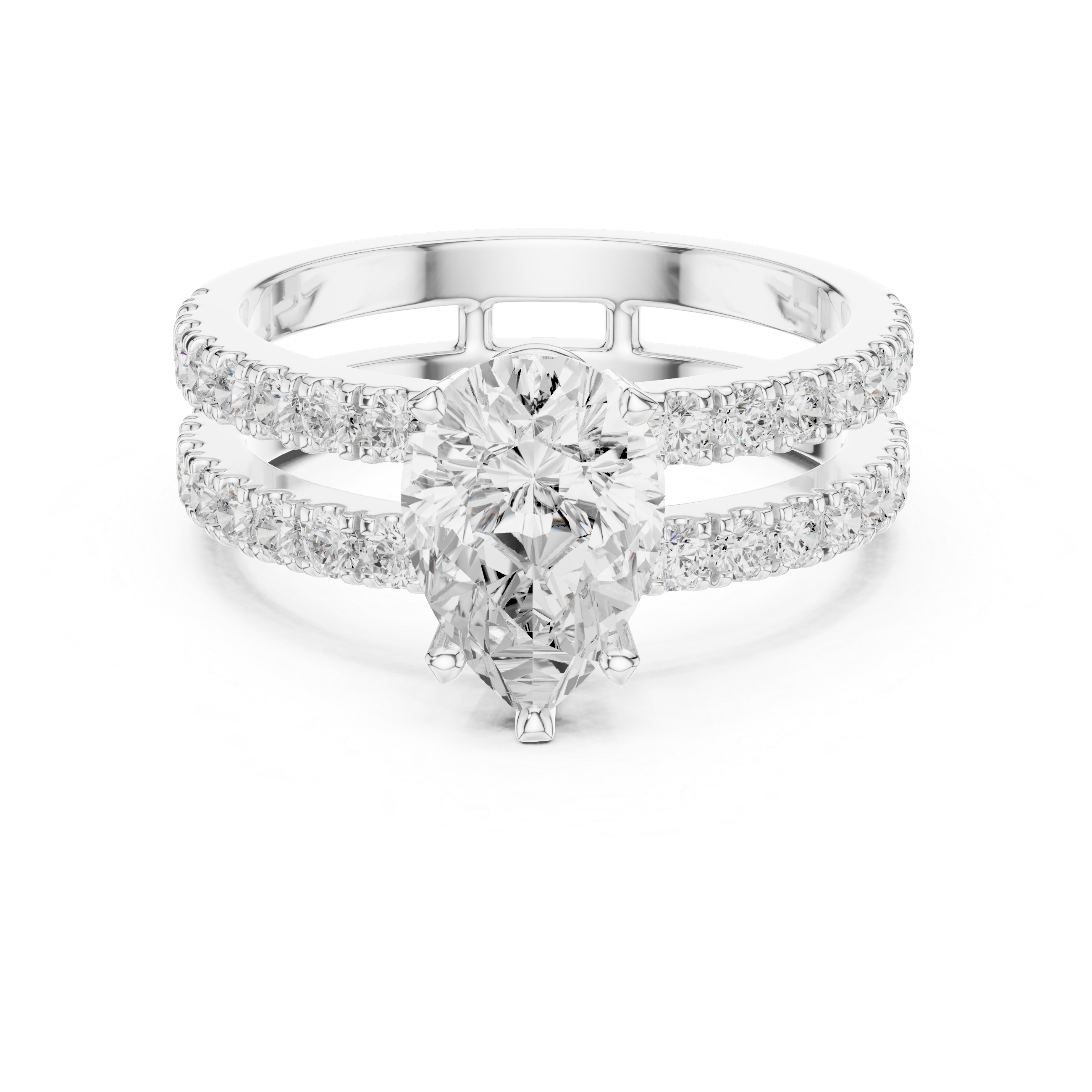 Pear Cut Double Band Diamond Engagement Ring with Pavé Diamonds
