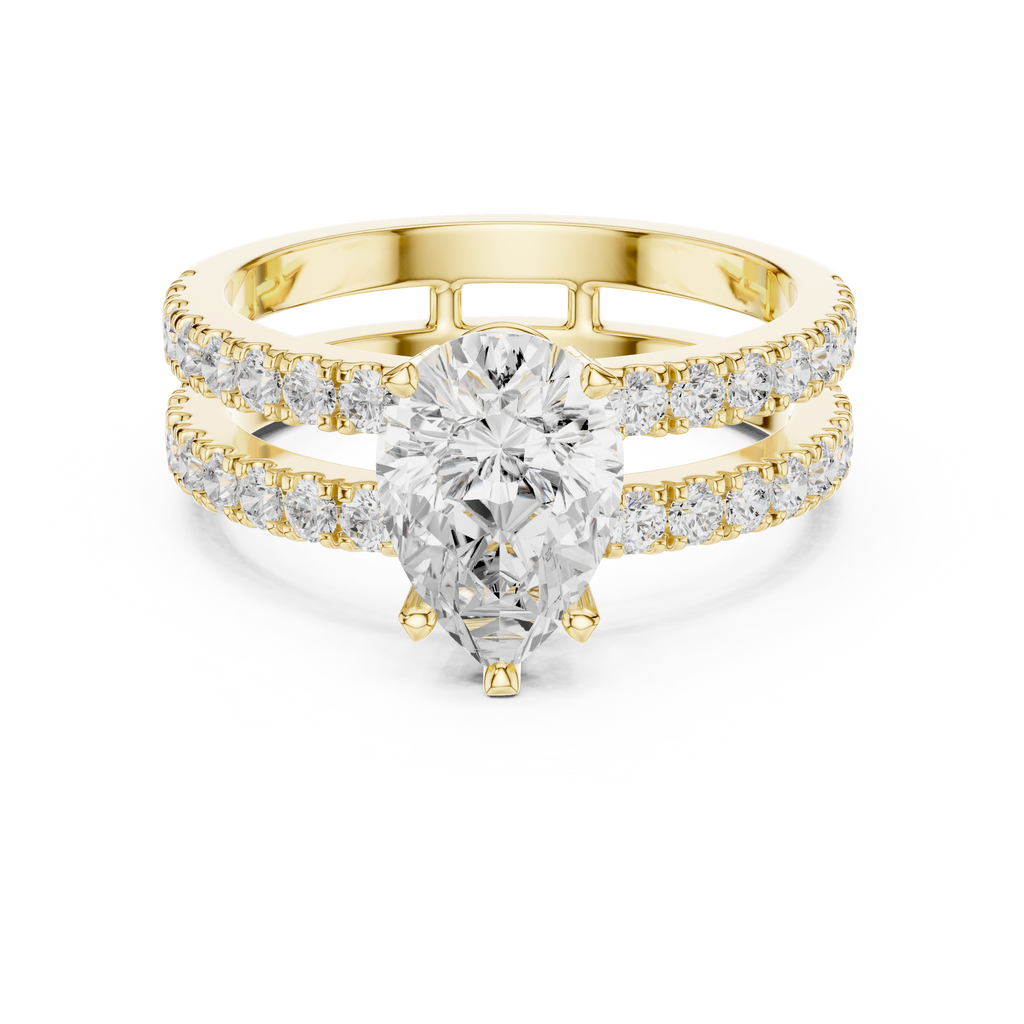 Pear Cut Double Band Diamond Engagement Ring with Pavé Diamonds
