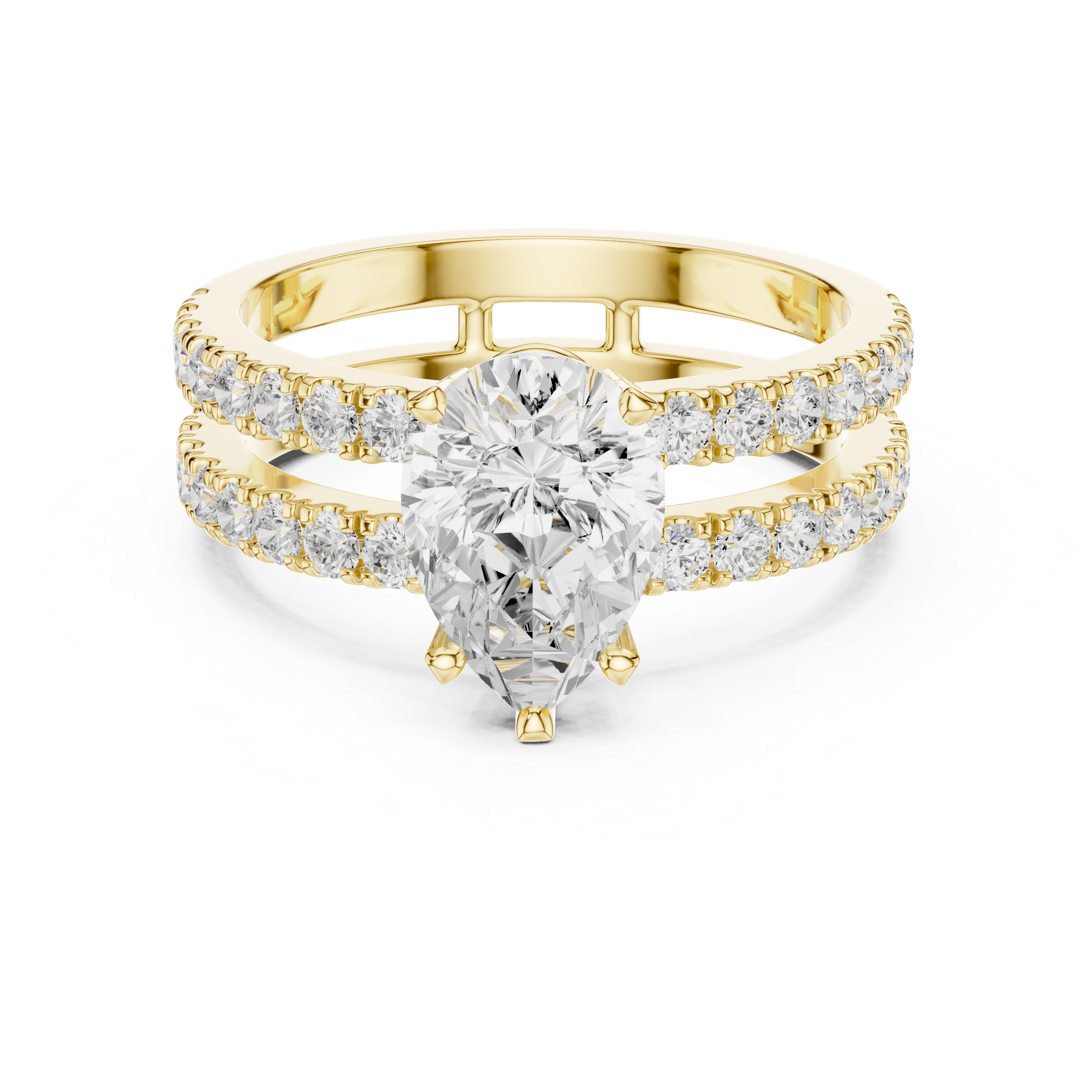 Pear Cut Double Band Diamond Engagement Ring with Pavé Diamonds