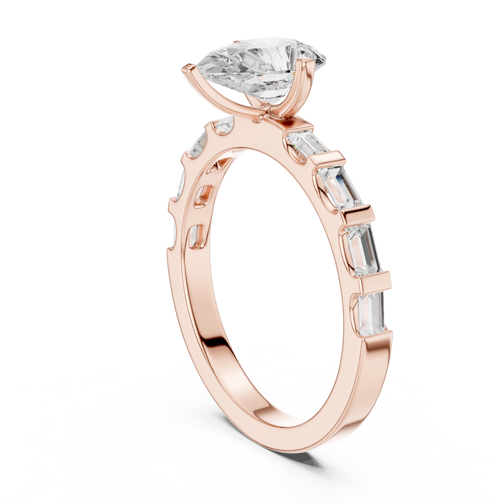 Pear Cut Baguette Diamond Engagement Ring with Modern Bar Set Band