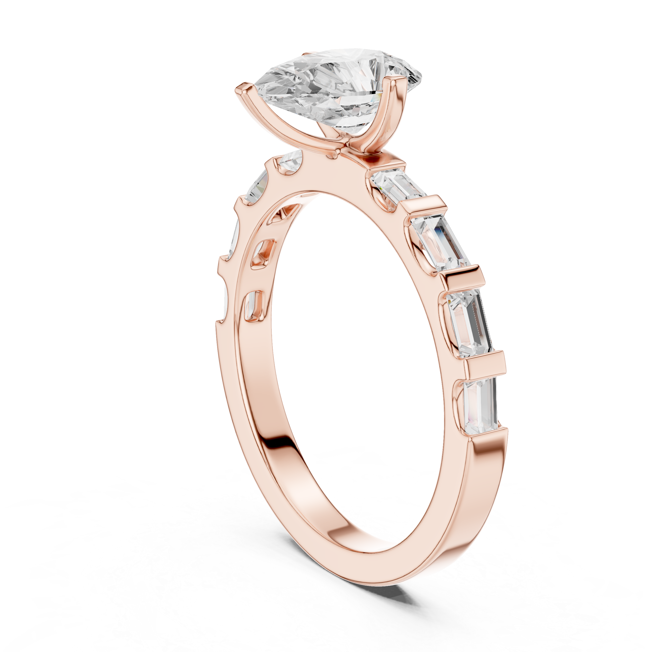 Pear Cut Baguette Diamond Engagement Ring with Modern Bar Set Band