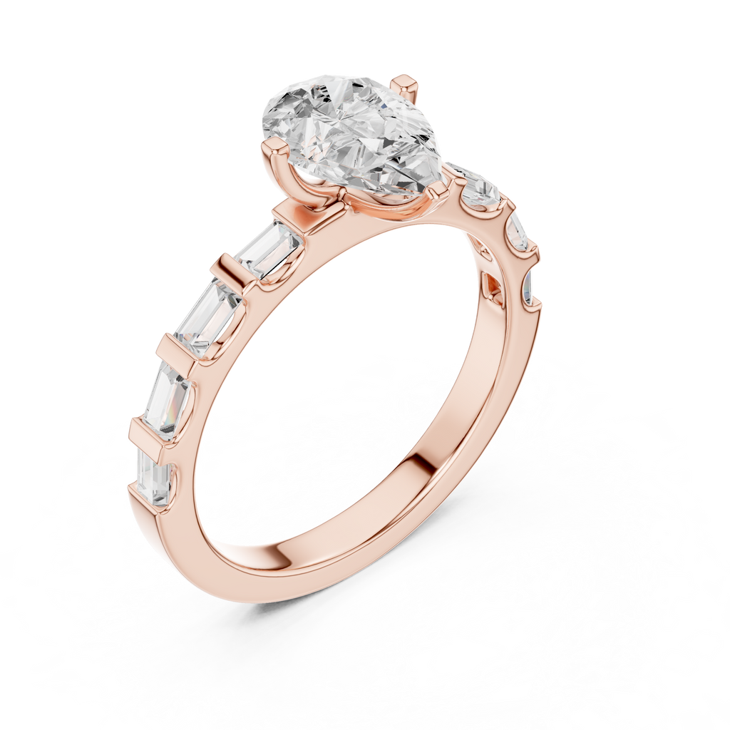 Pear Cut Baguette Diamond Engagement Ring with Modern Bar Set Band