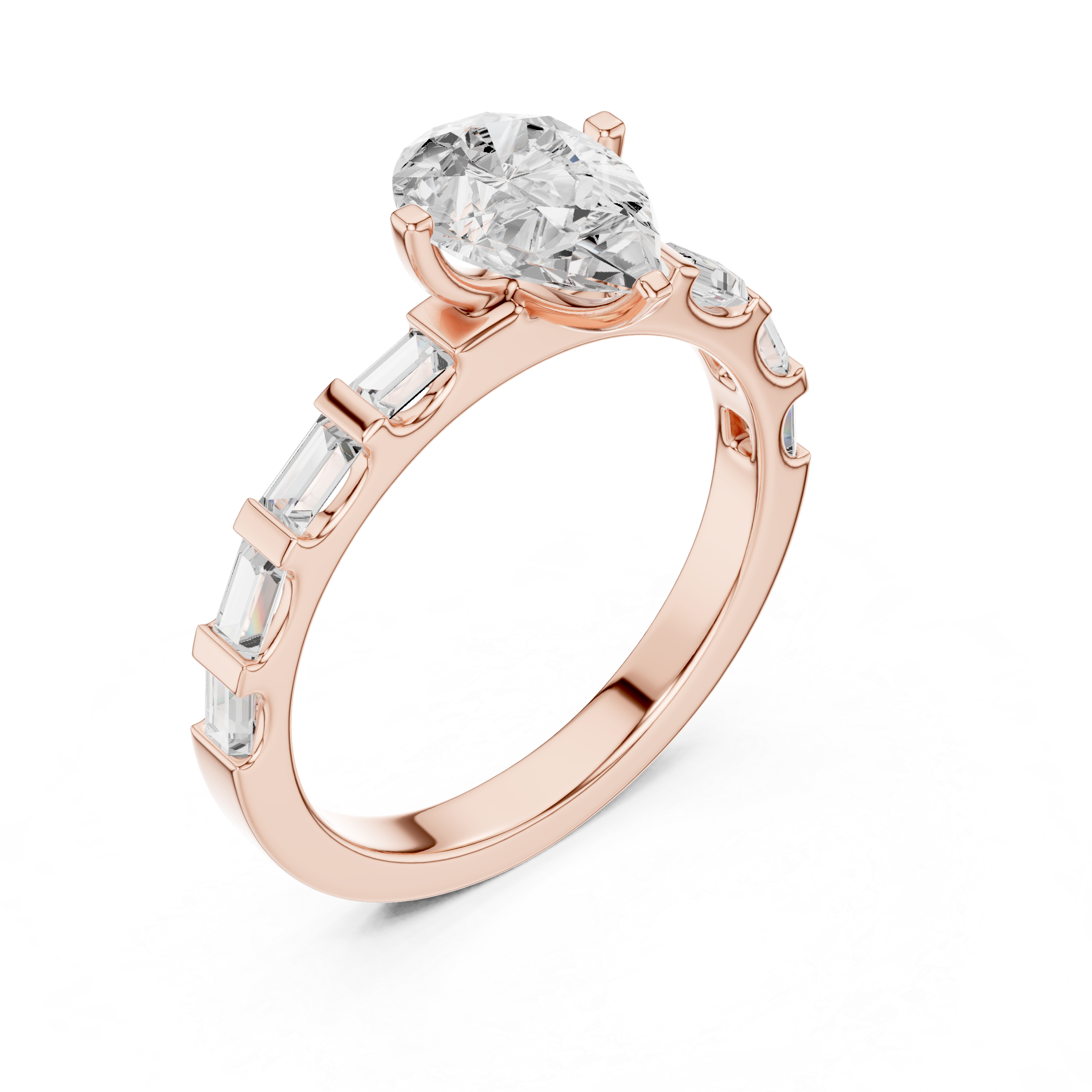 Pear Cut Baguette Diamond Engagement Ring with Modern Bar Set Band