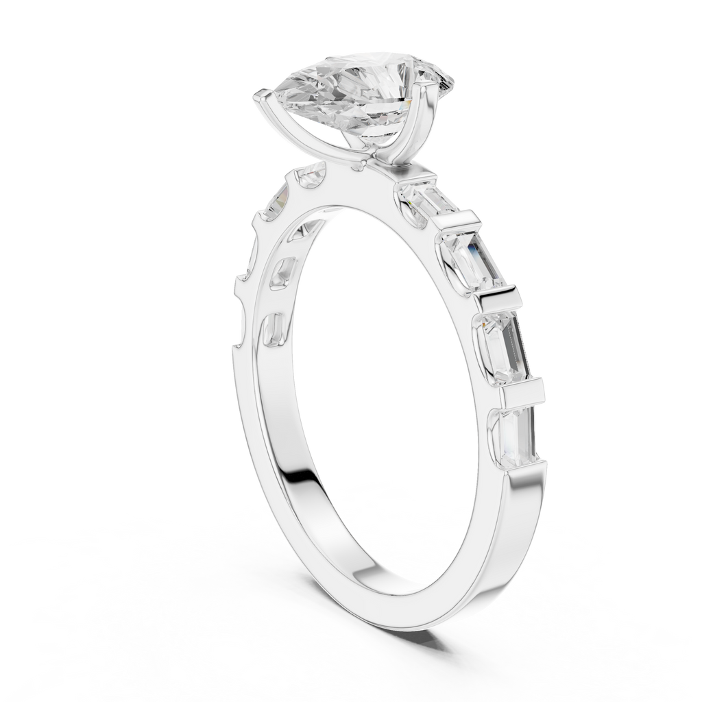 Pear Cut Baguette Diamond Engagement Ring with Modern Bar Set Band