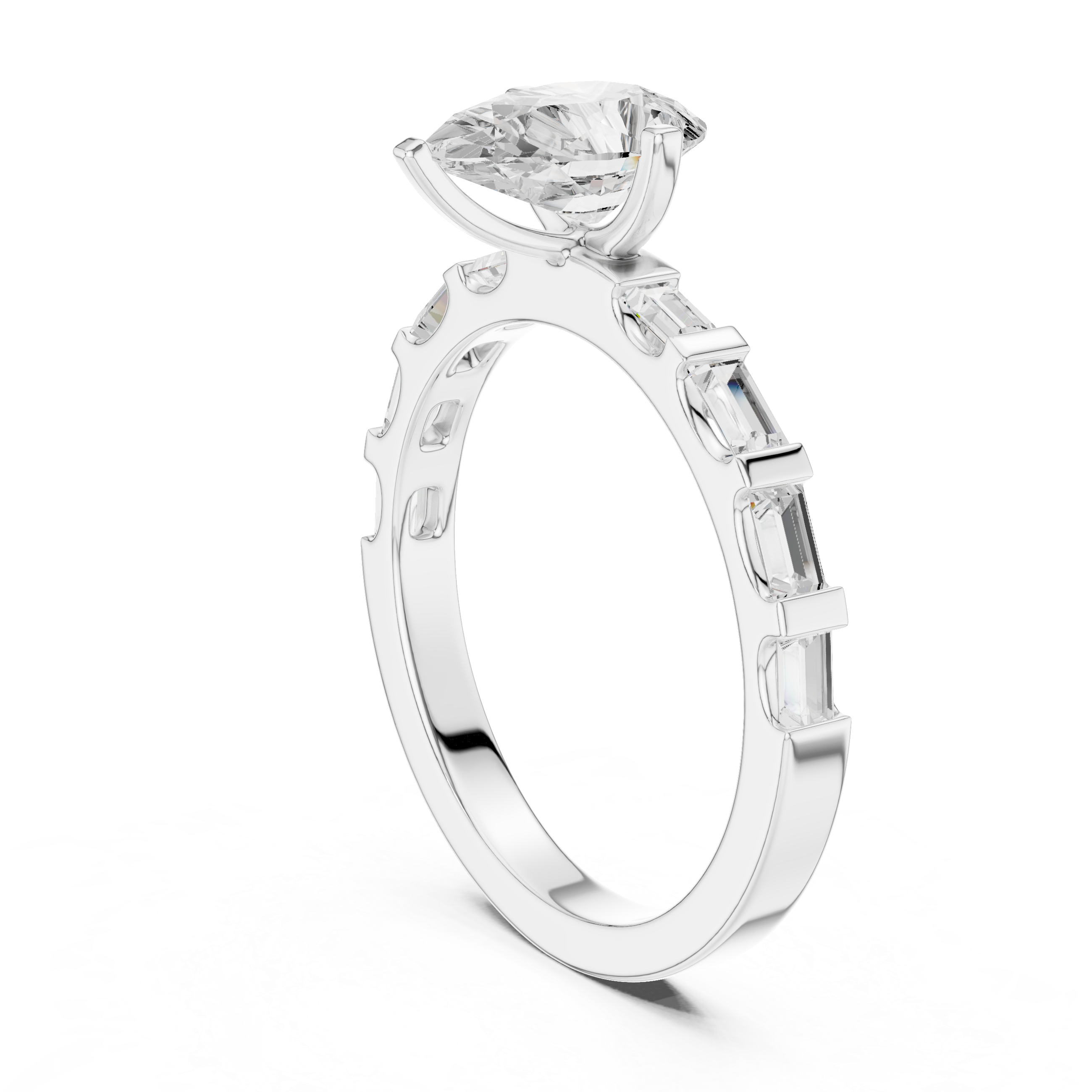 Pear Cut Baguette Diamond Engagement Ring with Modern Bar Set Band