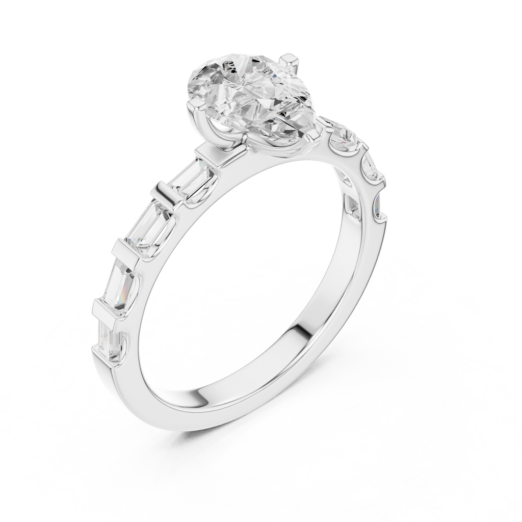 Pear Cut Baguette Diamond Engagement Ring with Modern Bar Set Band