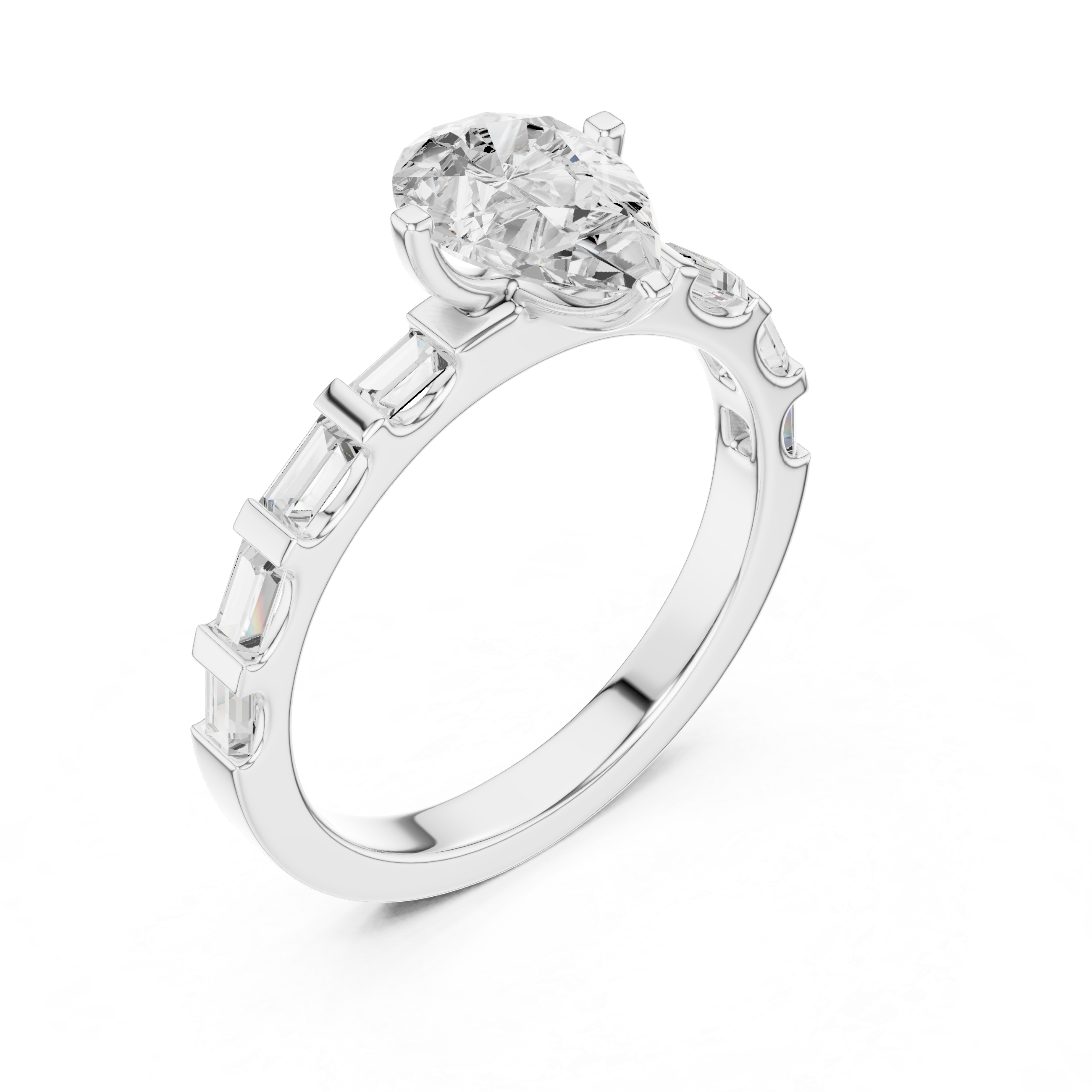Pear Cut Baguette Diamond Engagement Ring with Modern Bar Set Band