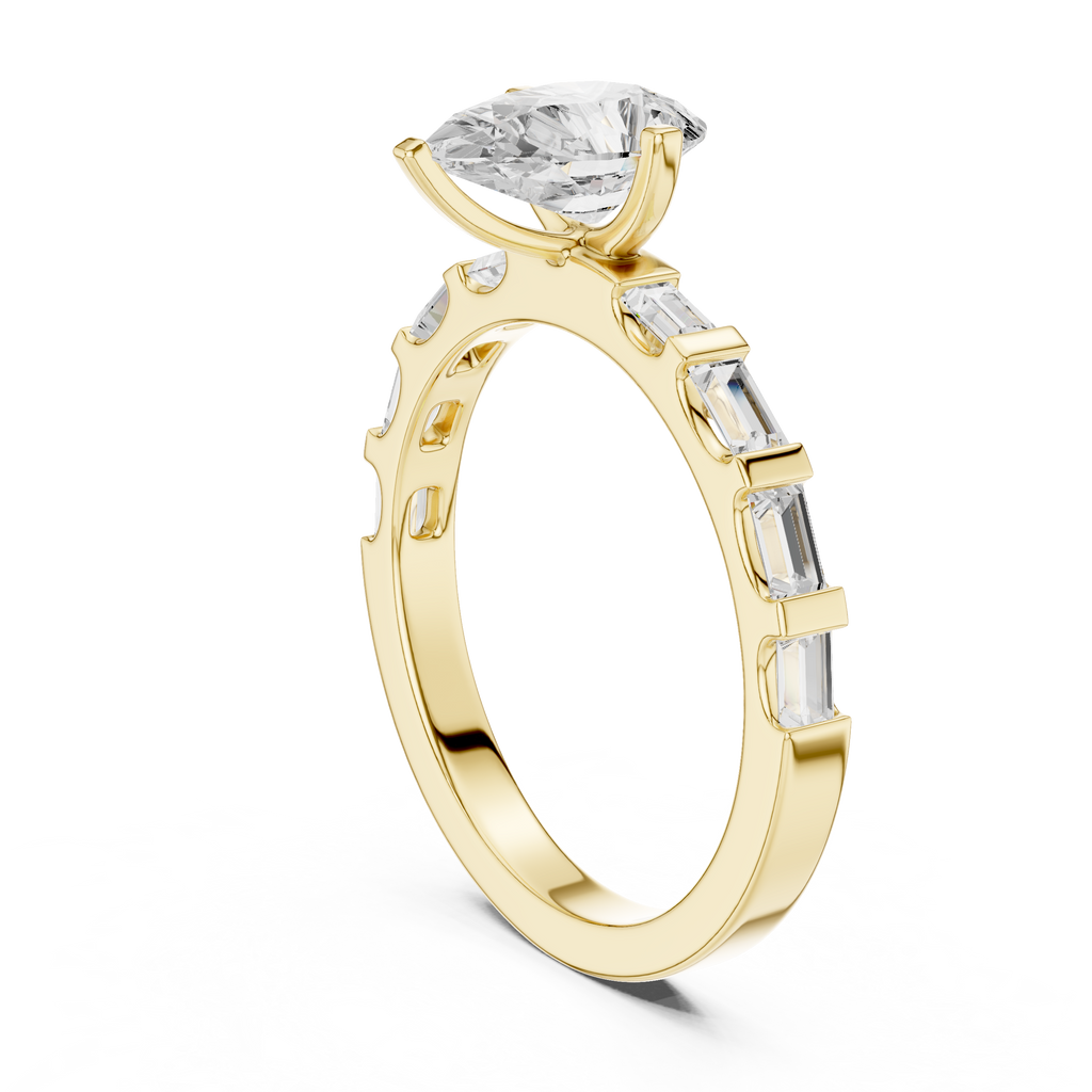 Pear Cut Baguette Diamond Engagement Ring with Modern Bar Set Band
