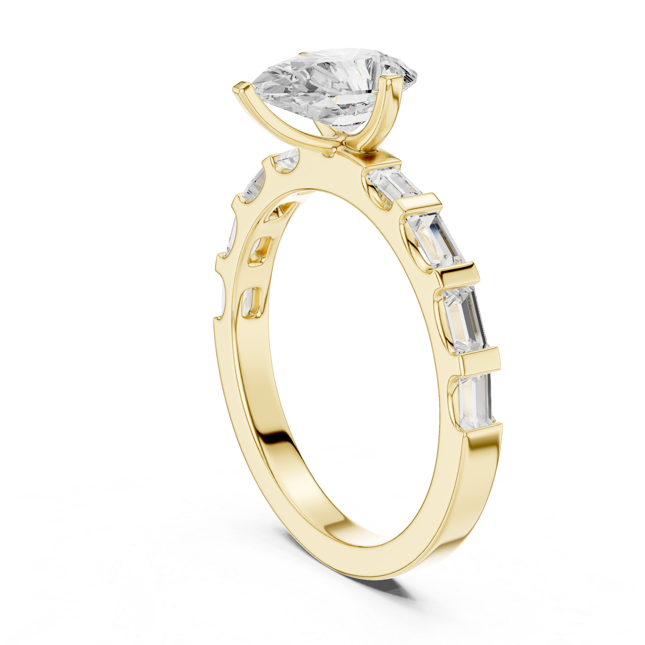 Pear Cut Baguette Diamond Engagement Ring with Modern Bar Set Band