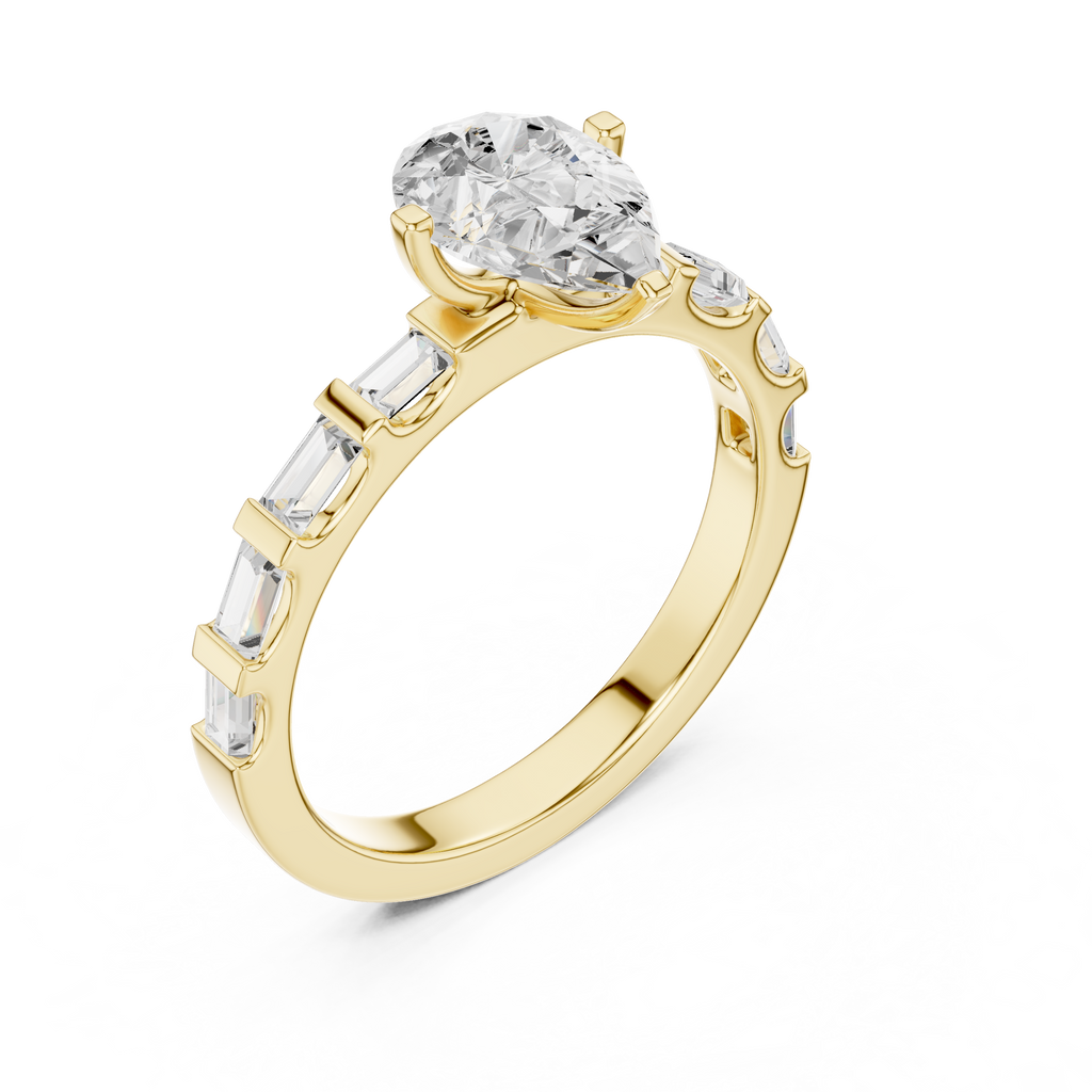 Pear Cut Baguette Diamond Engagement Ring with Modern Bar Set Band