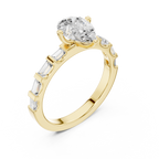 Pear Cut Baguette Diamond Engagement Ring with Modern Bar Set Band