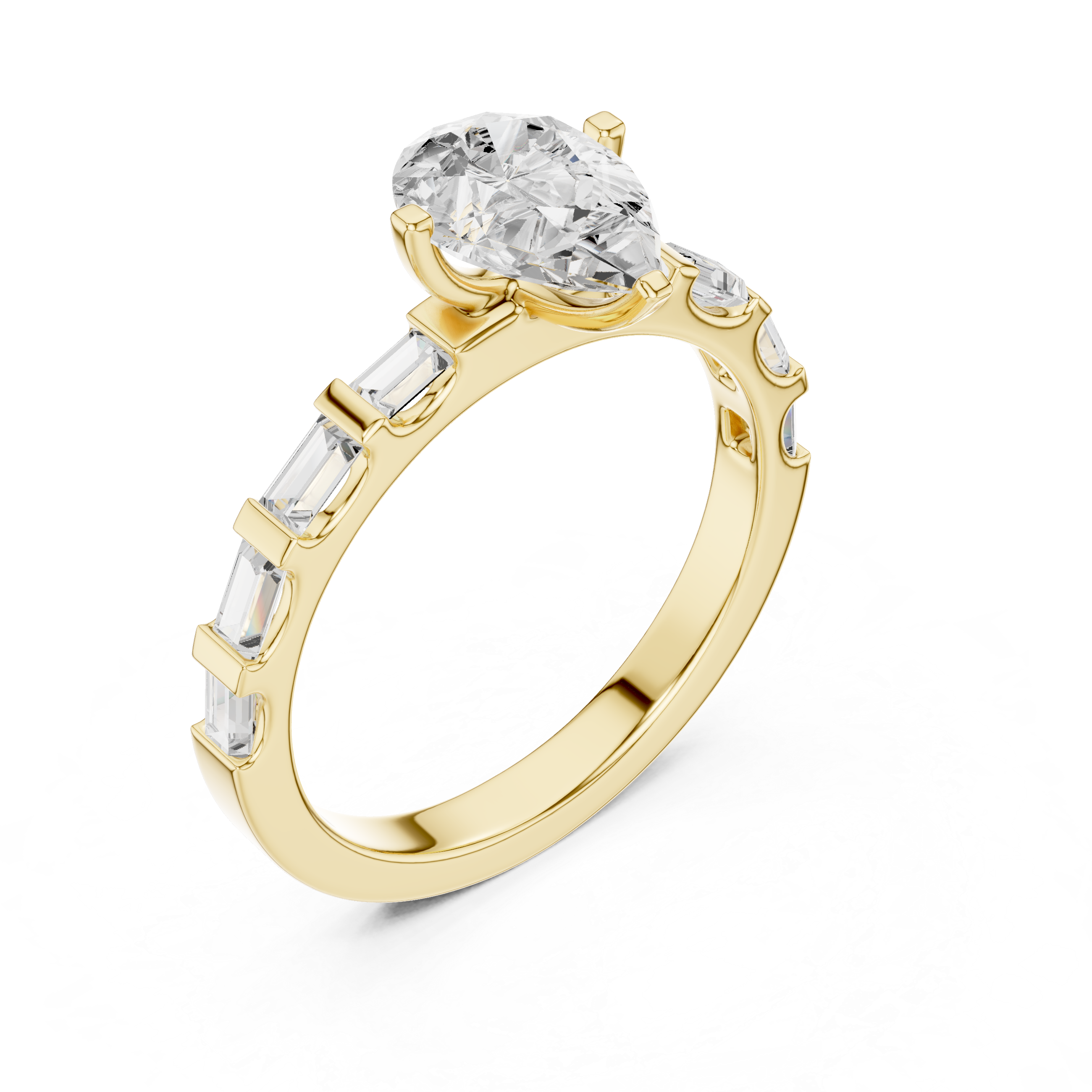 Pear Cut Baguette Diamond Engagement Ring with Modern Bar Set Band