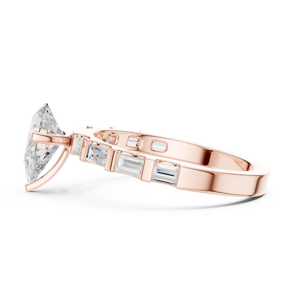 Pear Cut Baguette Diamond Engagement Ring with Modern Bar Set Band