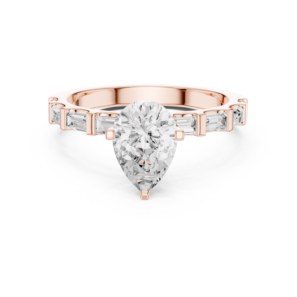 Pear Cut Baguette Diamond Engagement Ring with Modern Bar Set Band