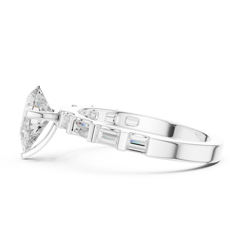 Pear Cut Baguette Diamond Engagement Ring with Modern Bar Set Band