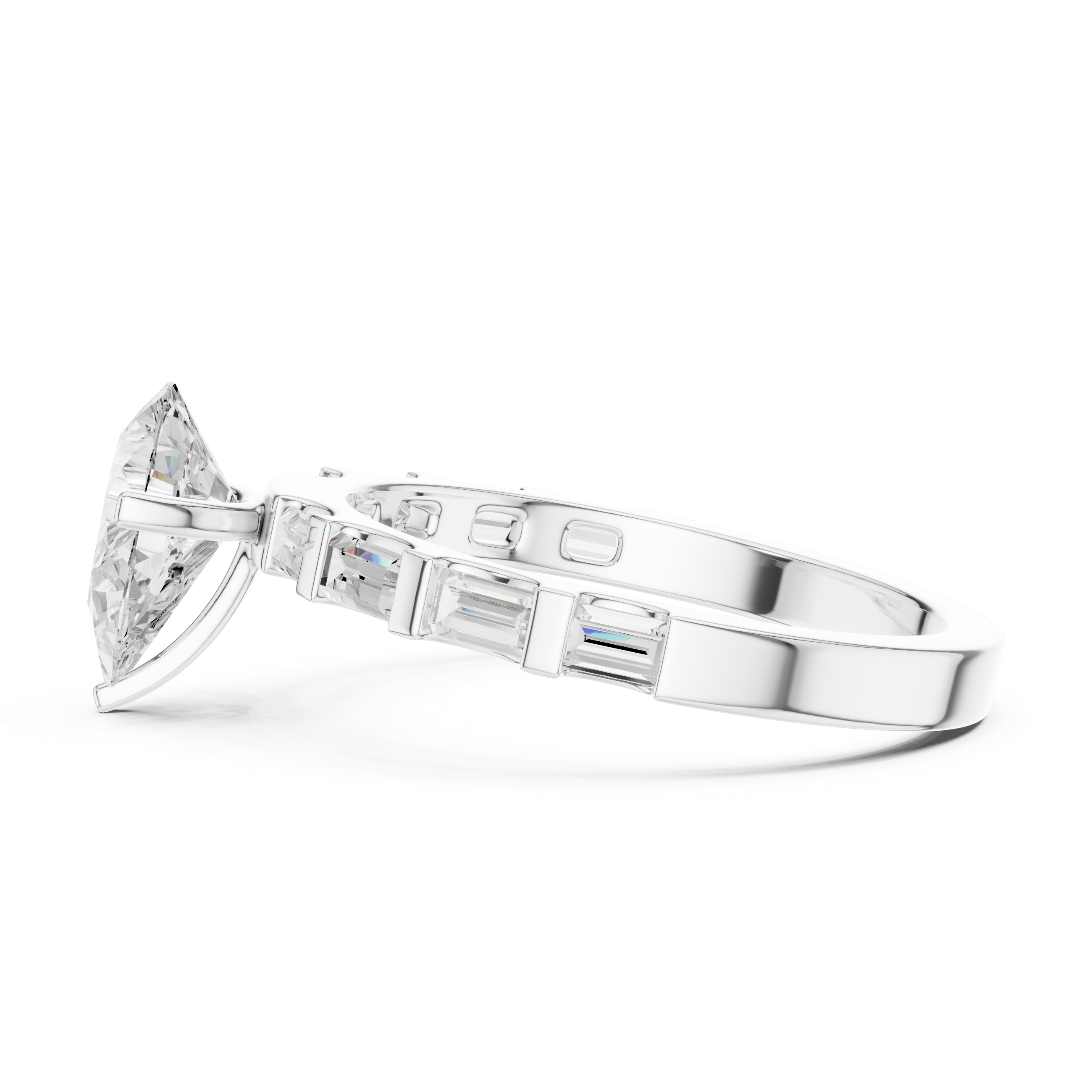 Pear Cut Baguette Diamond Engagement Ring with Modern Bar Set Band