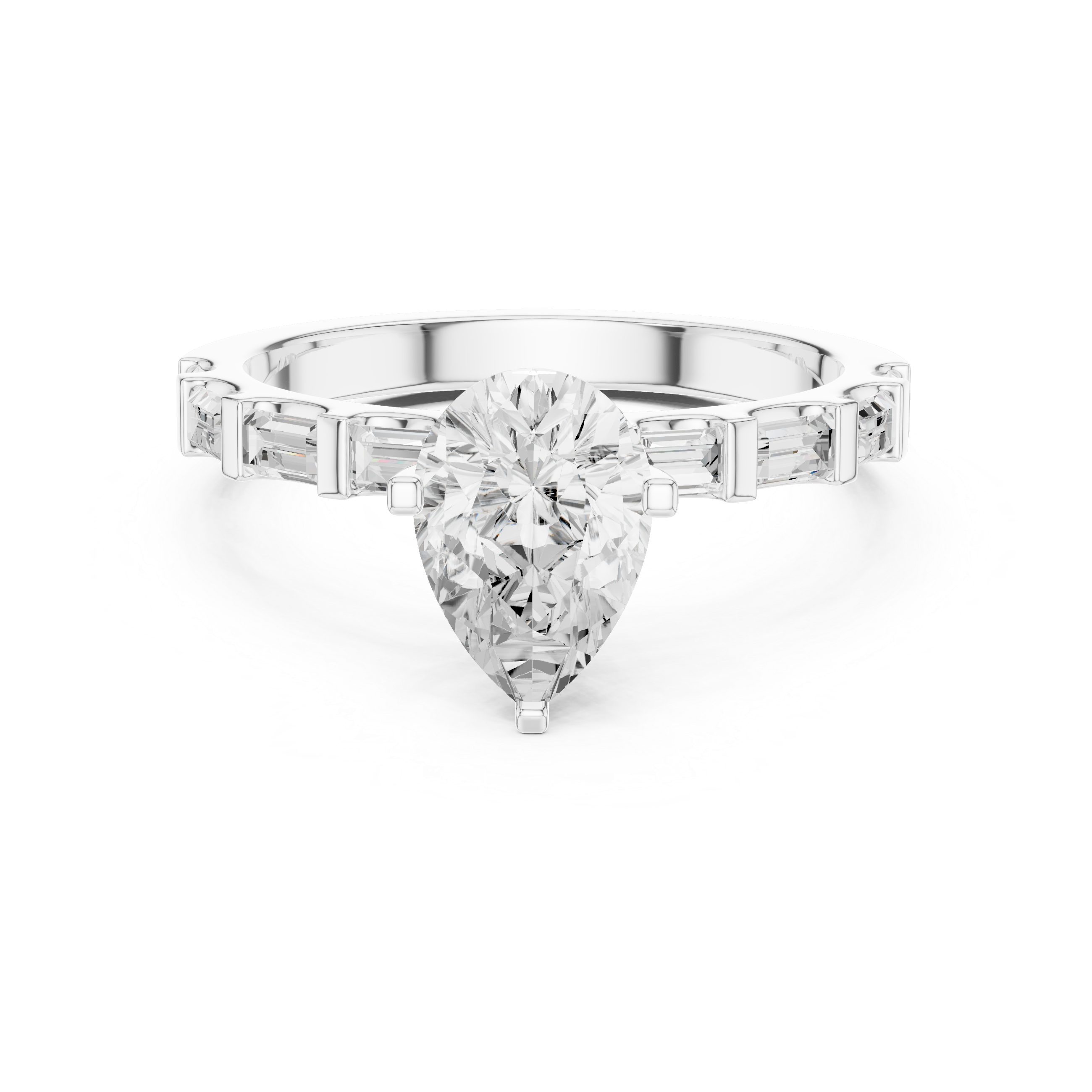 Pear Cut Baguette Diamond Engagement Ring with Modern Bar Set Band