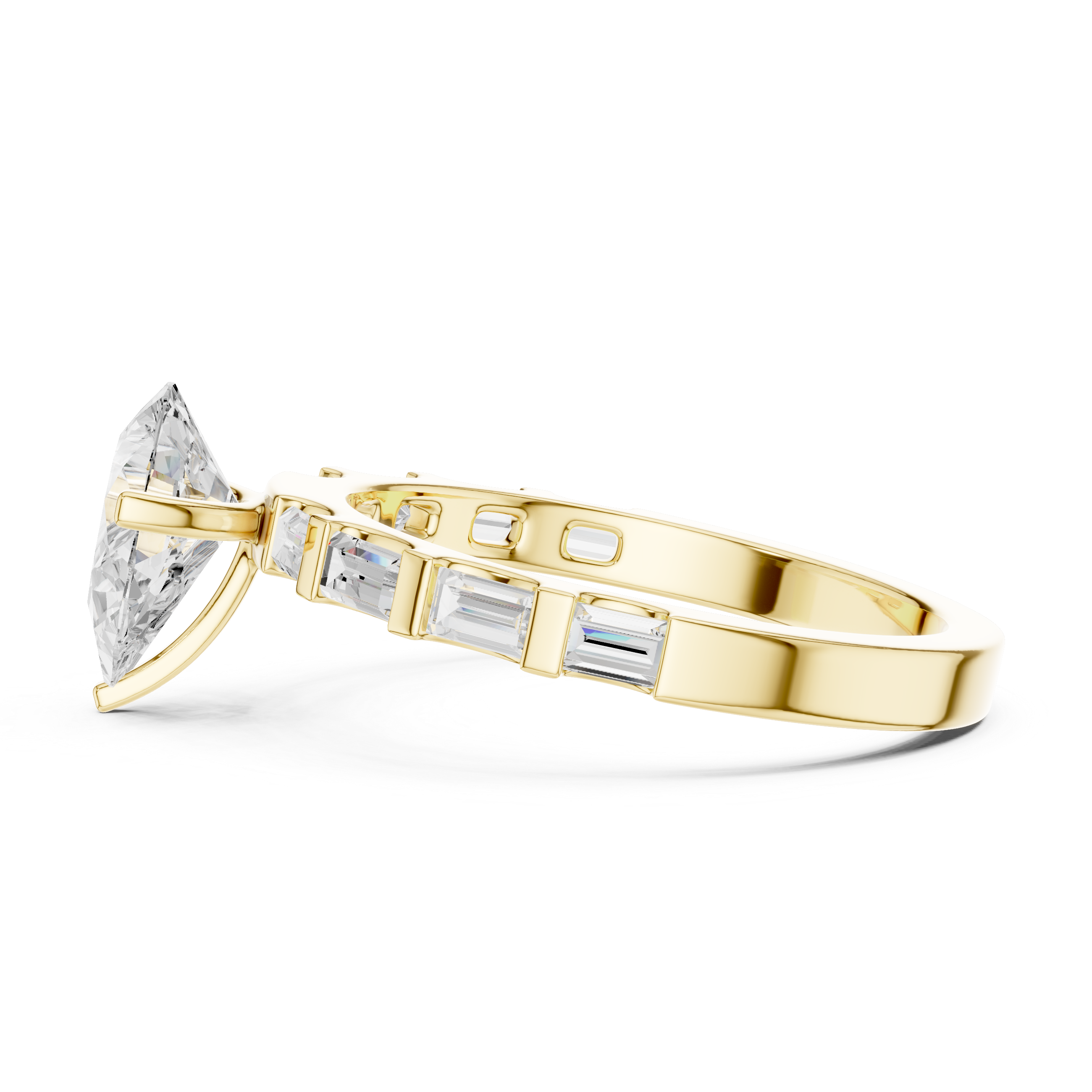 Pear Cut Baguette Diamond Engagement Ring with Modern Bar Set Band