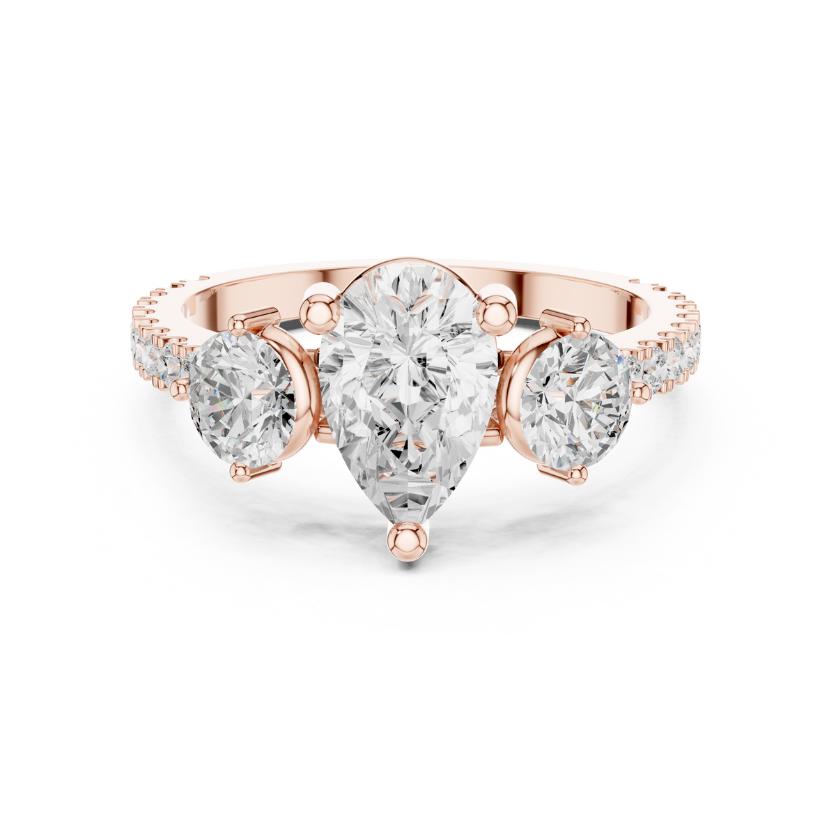 Pear Cut Three Stone Lab Grown Diamond with Pavé Band Engagement Ring – Style DDLR-1096 – view 5 of 12 | Jewelix Atelier