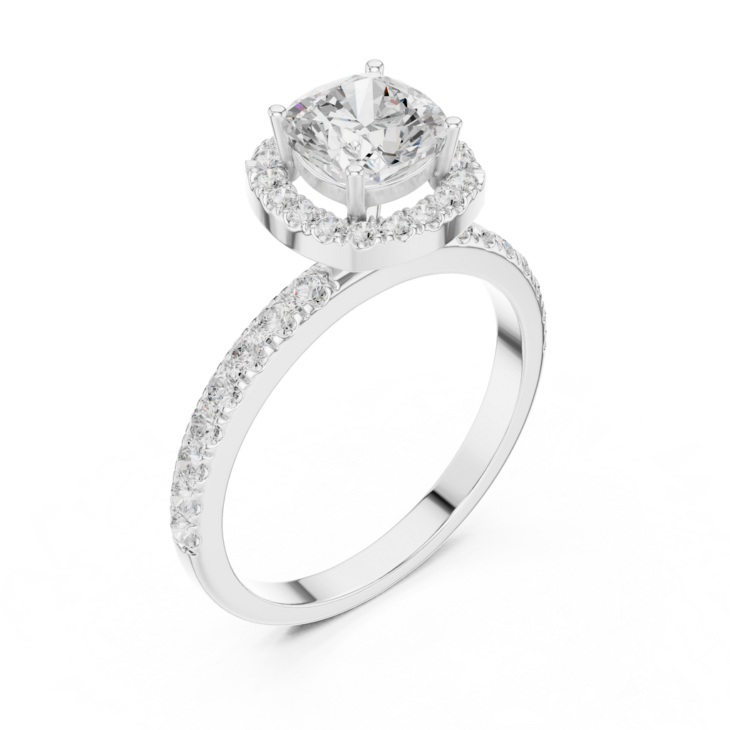Round Halo Diamond Engagement Ring with Pave Band