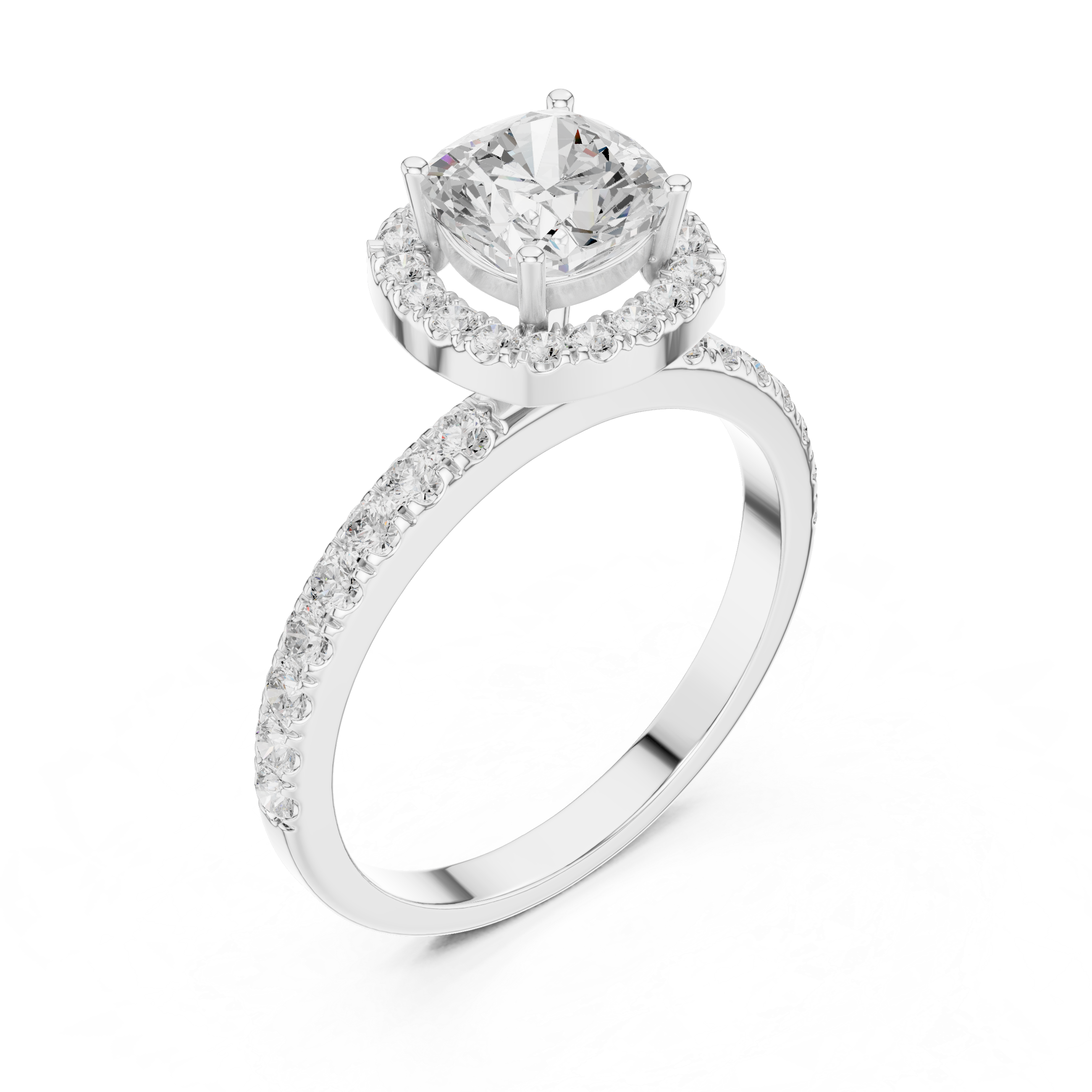 Round Halo Diamond Engagement Ring with Pave Band