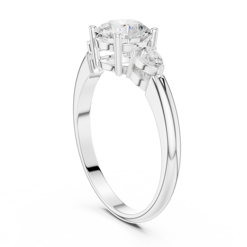 Round Three Stone Diamond Engagement Ring with Pear Side Stones