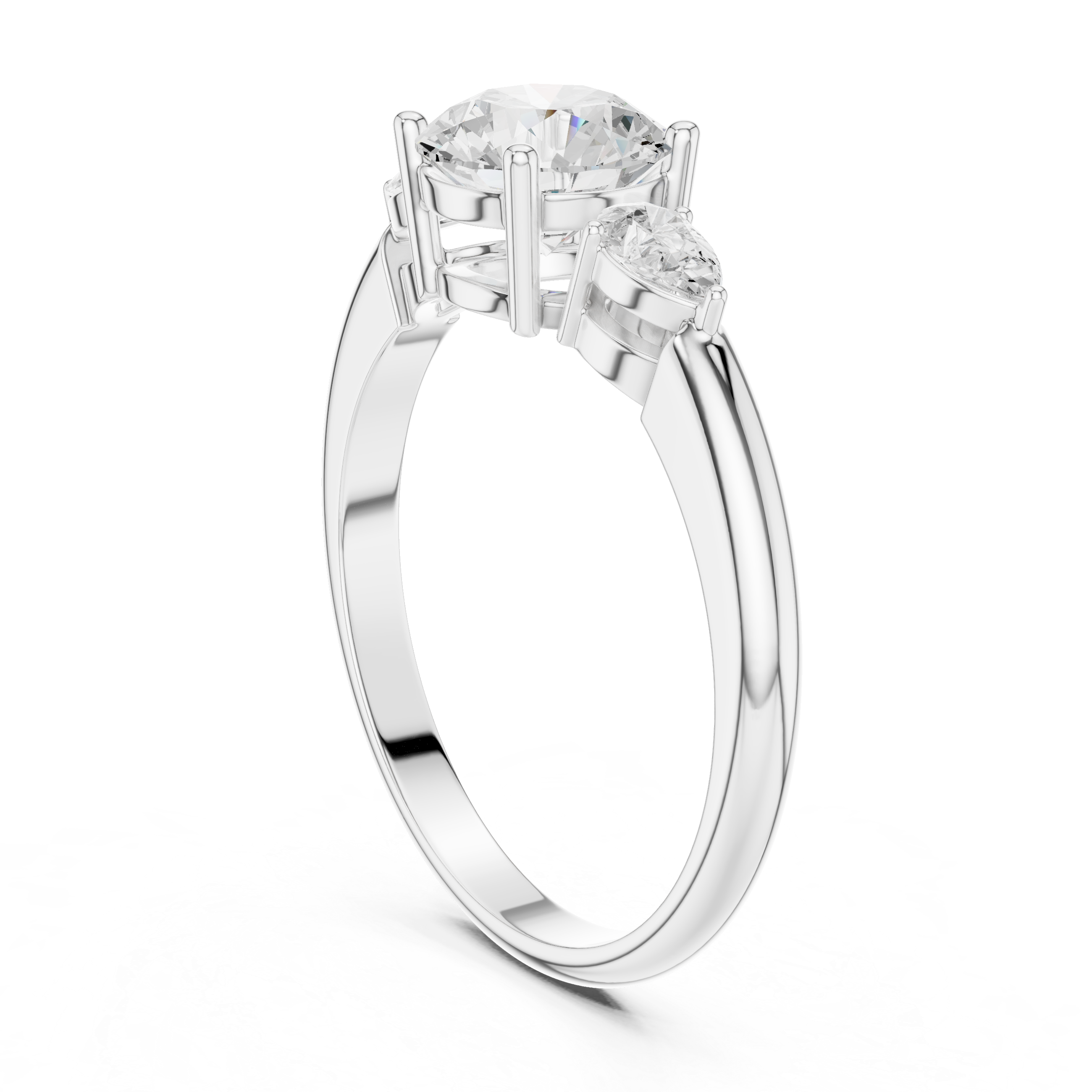 Round Three Stone Diamond Engagement Ring with Pear Side Stones