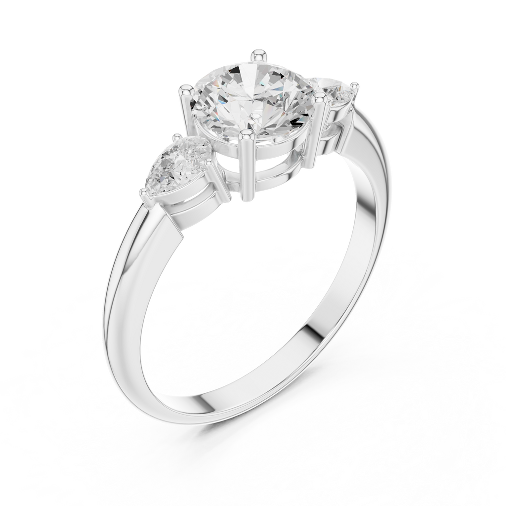Round Three Stone Diamond Engagement Ring with Pear Side Stones