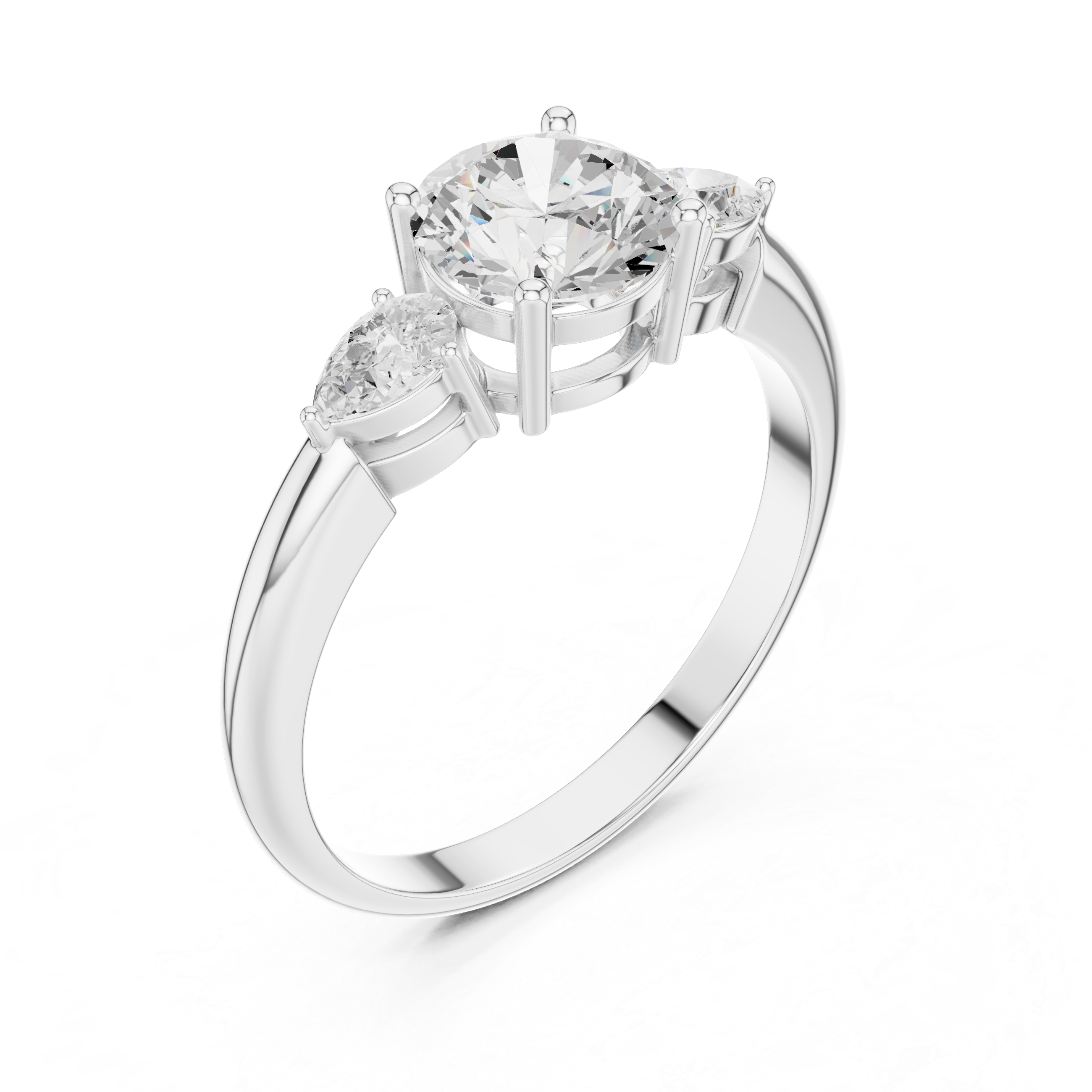Round Three Stone Diamond Engagement Ring with Pear Side Stones