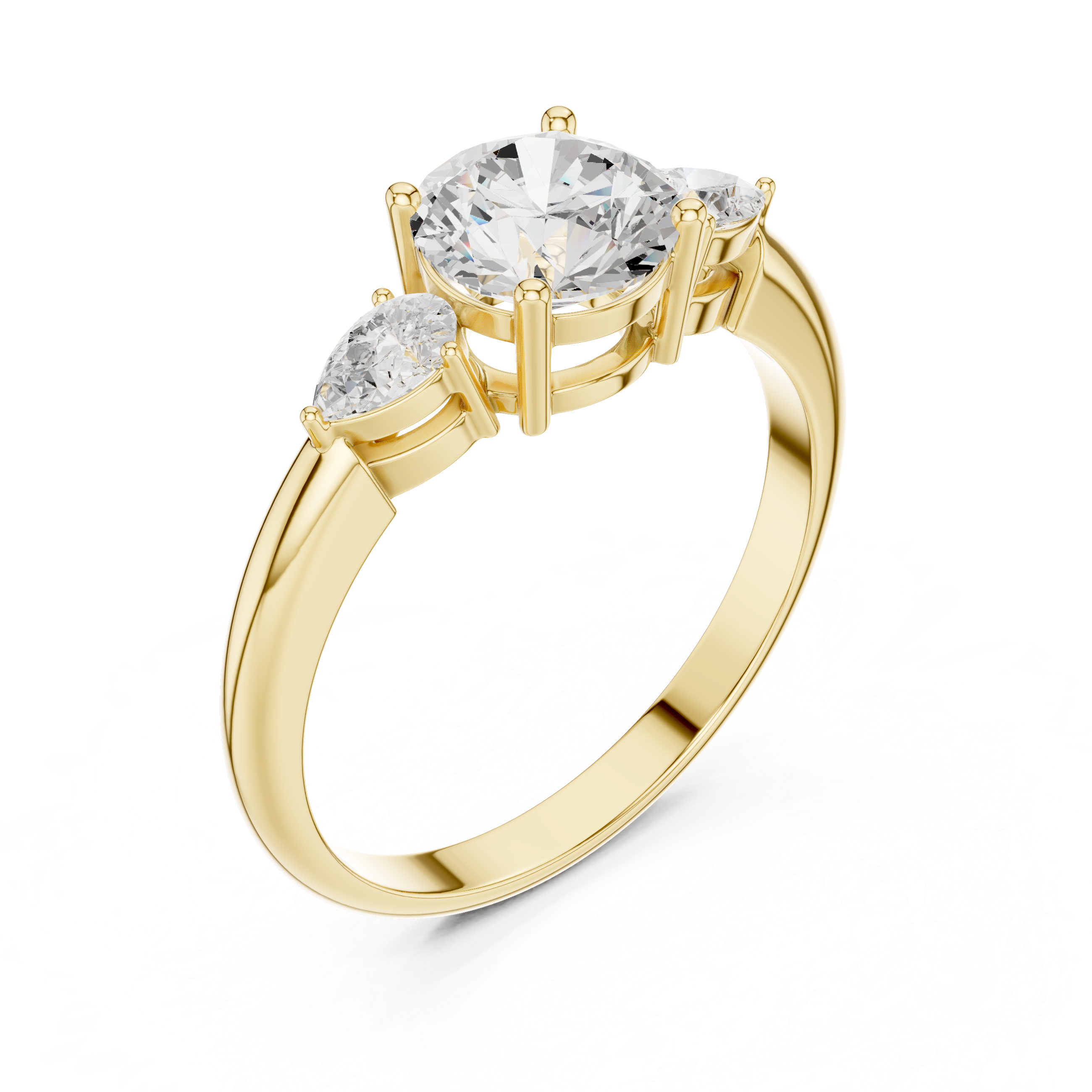 Round Three Stone Diamond Engagement Ring with Pear Side Stones