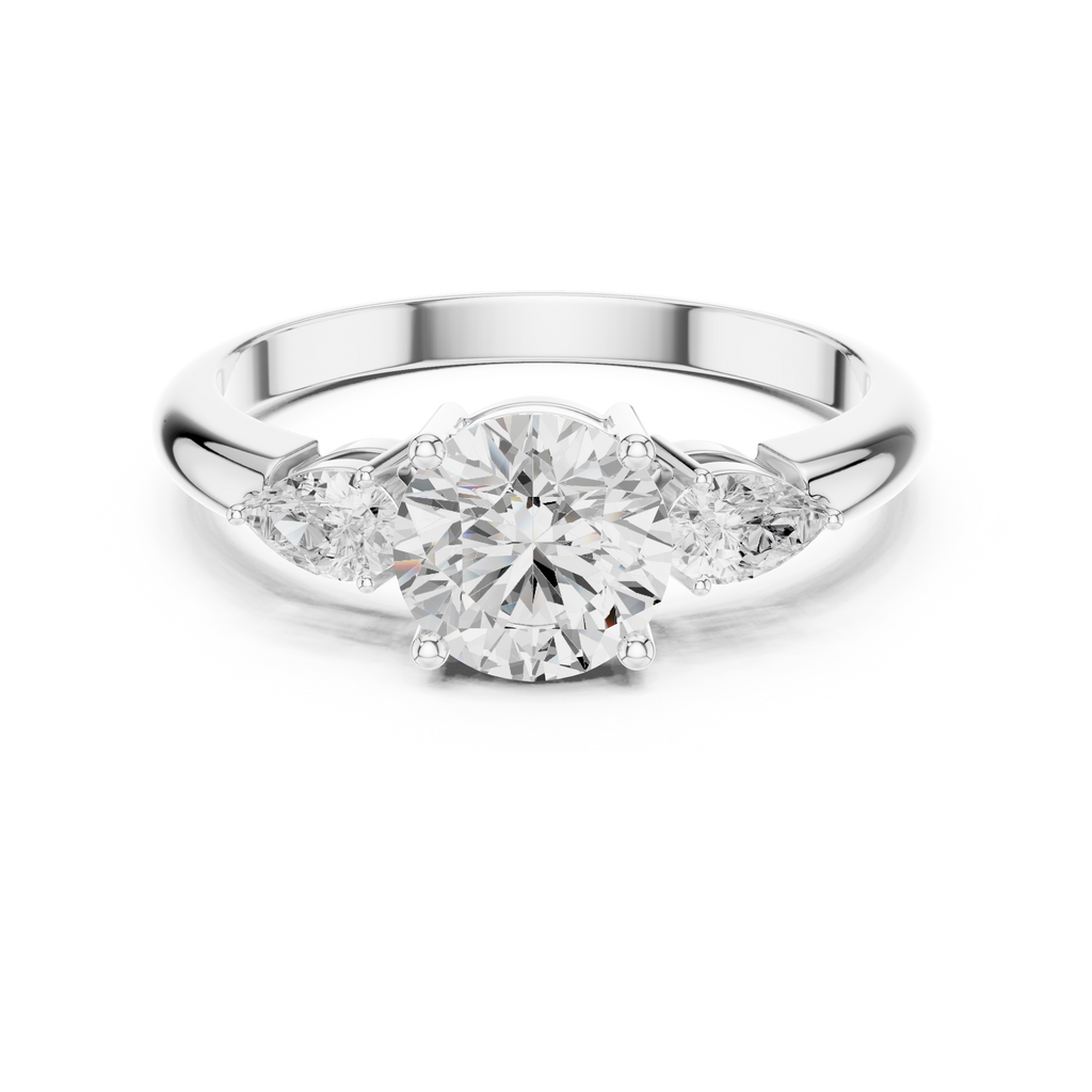 Round Three Stone Diamond Engagement Ring with Pear Side Stones