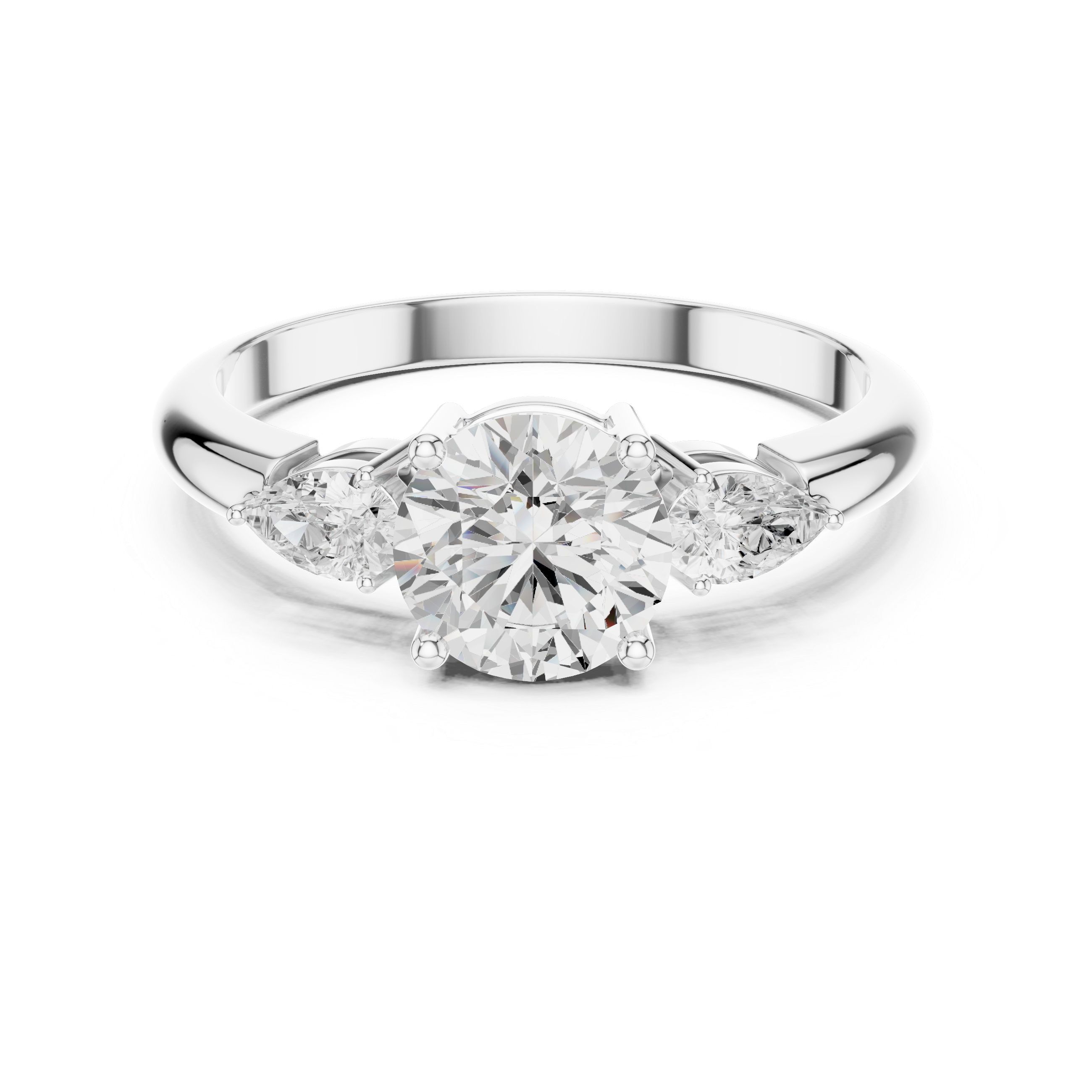 Round Three Stone Diamond Engagement Ring with Pear Side Stones