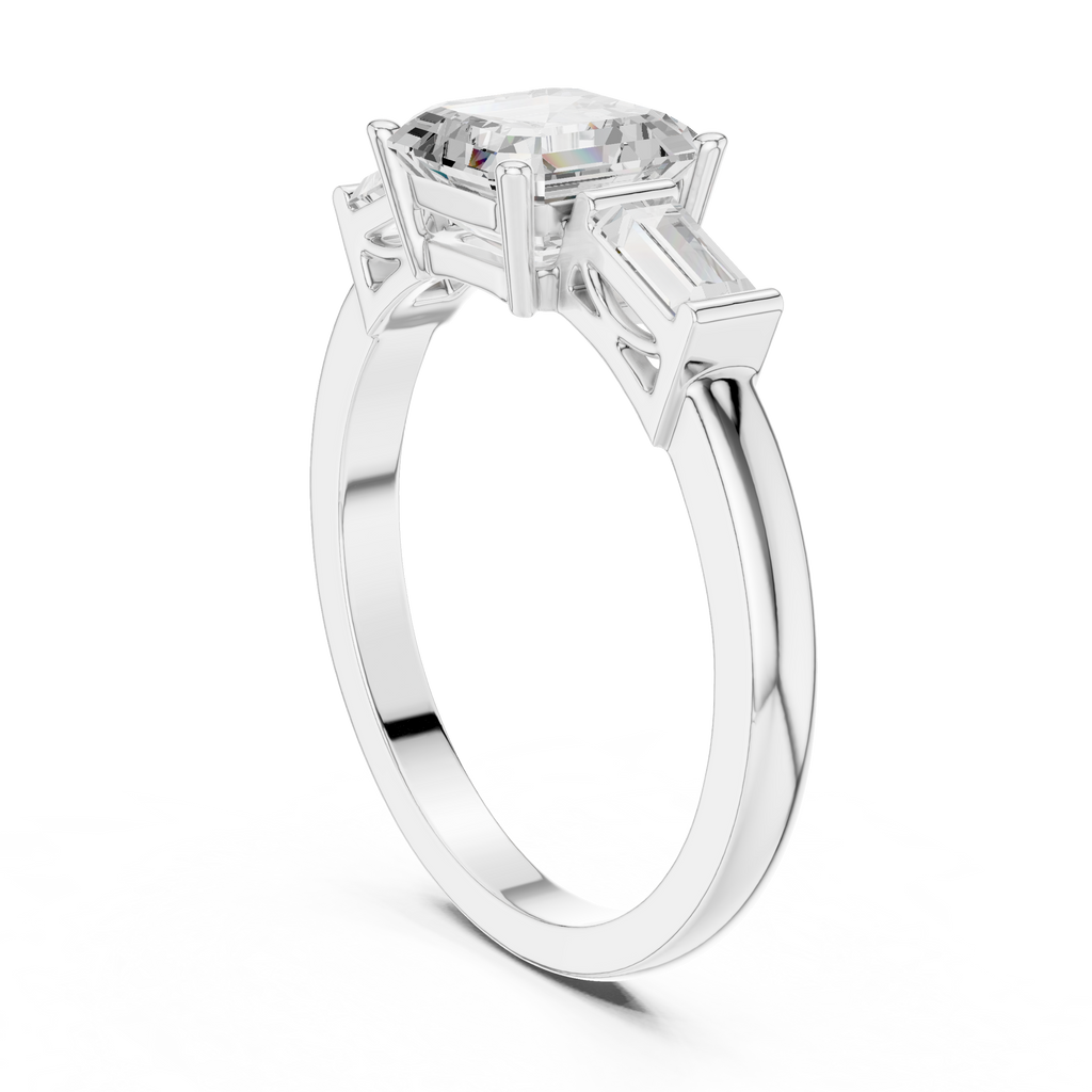 Asscher Cut Three Stone Engagement Ring with Baguette Side Stones