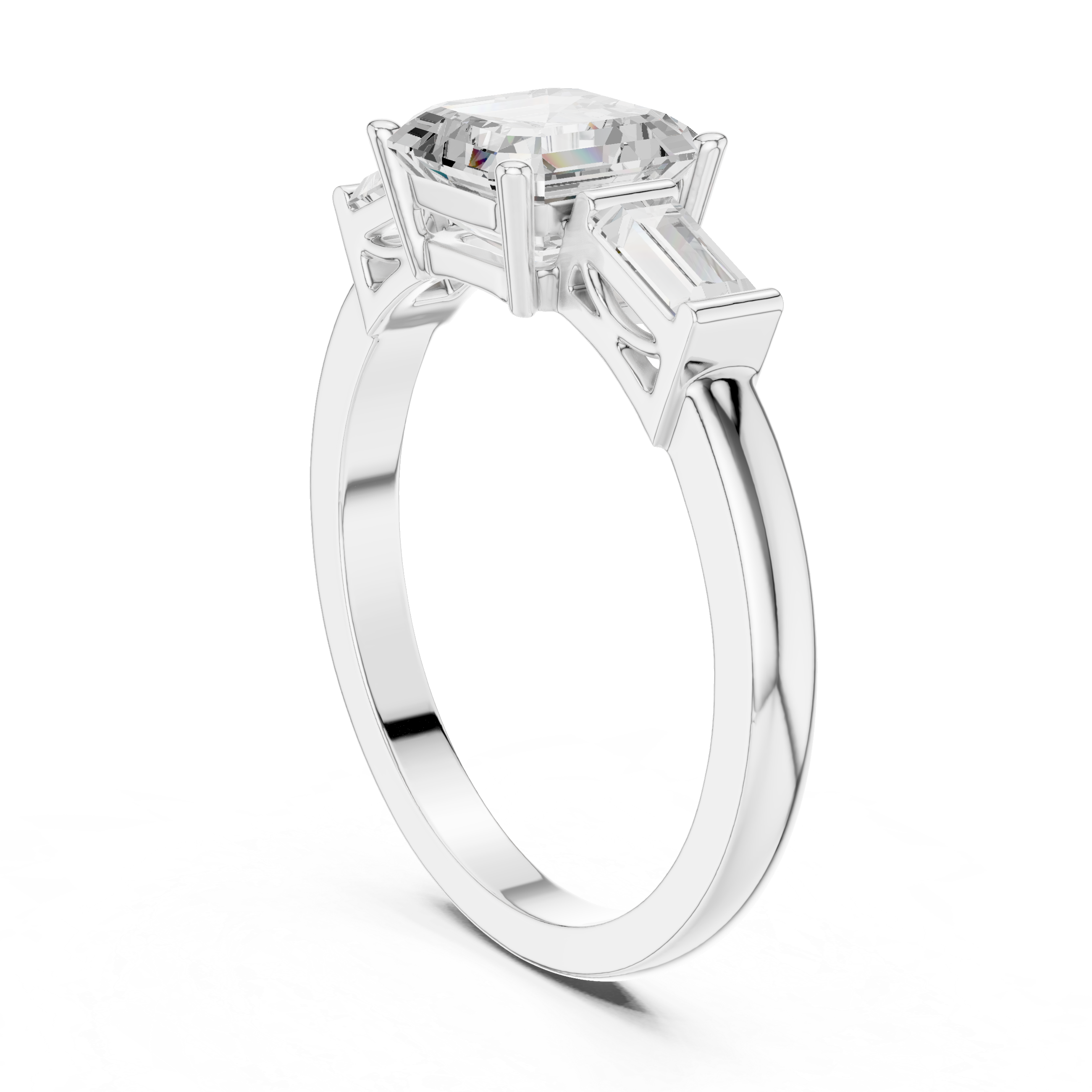 Asscher Cut Three Stone Engagement Ring with Baguette Side Stones