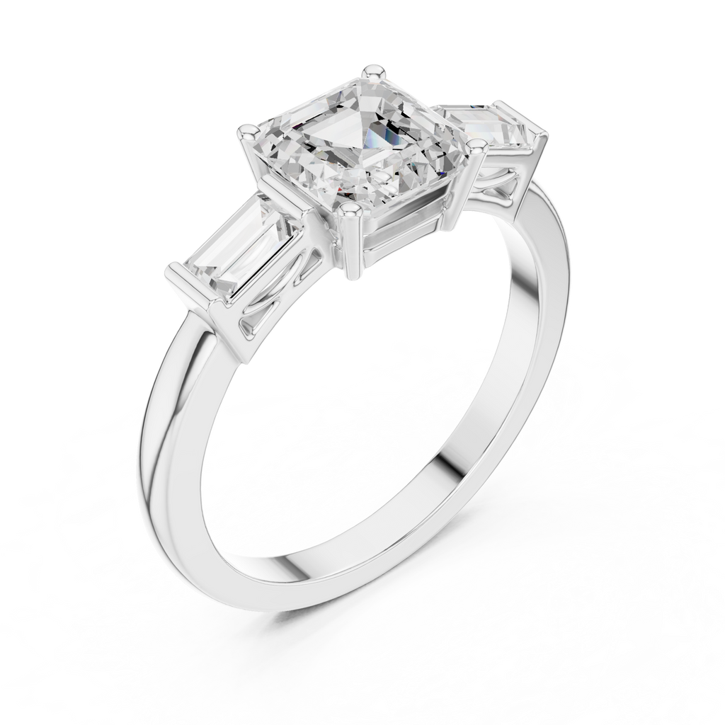 Asscher Cut Three Stone Engagement Ring with Baguette Side Stones