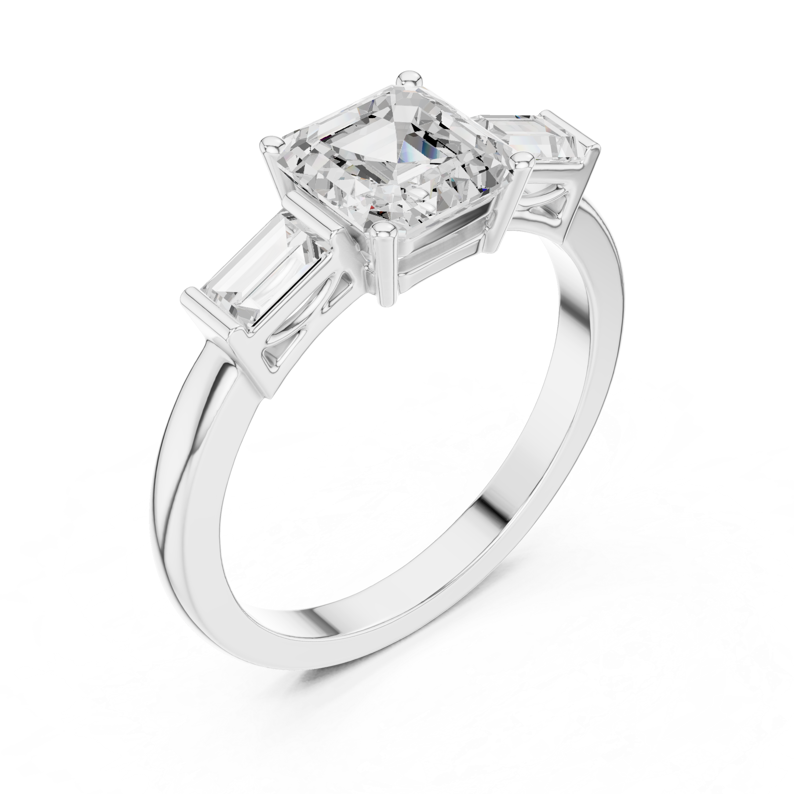 Asscher Cut Three Stone Engagement Ring with Baguette Side Stones