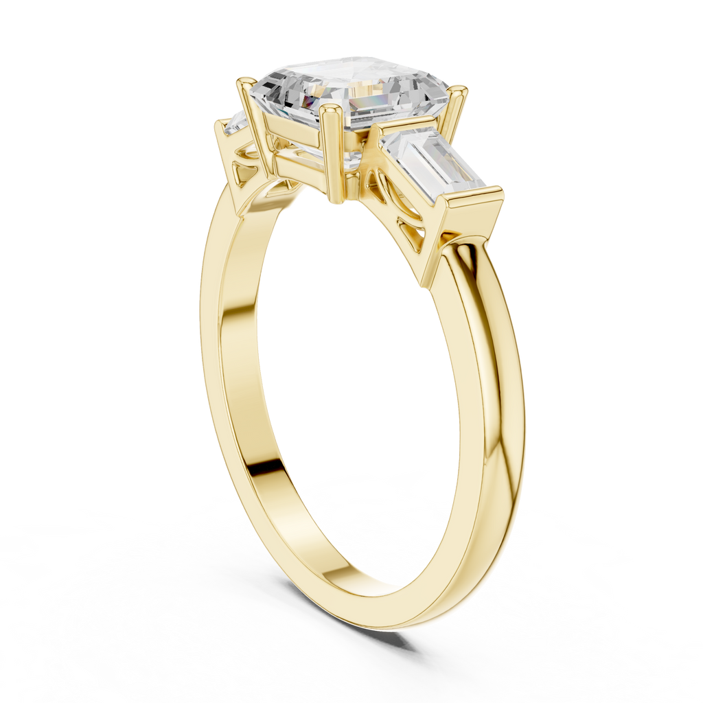 Asscher Cut Three Stone Engagement Ring with Baguette Side Stones