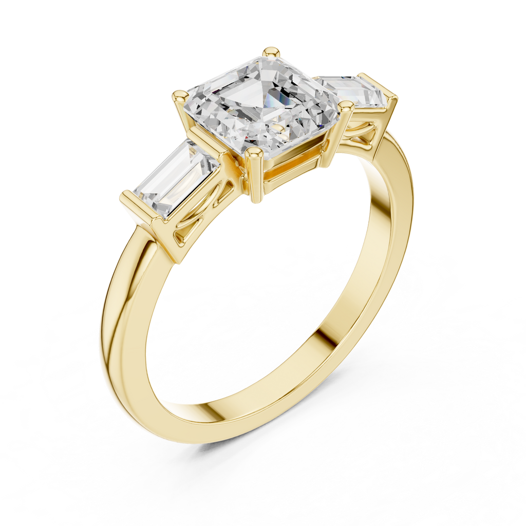 Asscher Cut Three Stone Engagement Ring with Baguette Side Stones