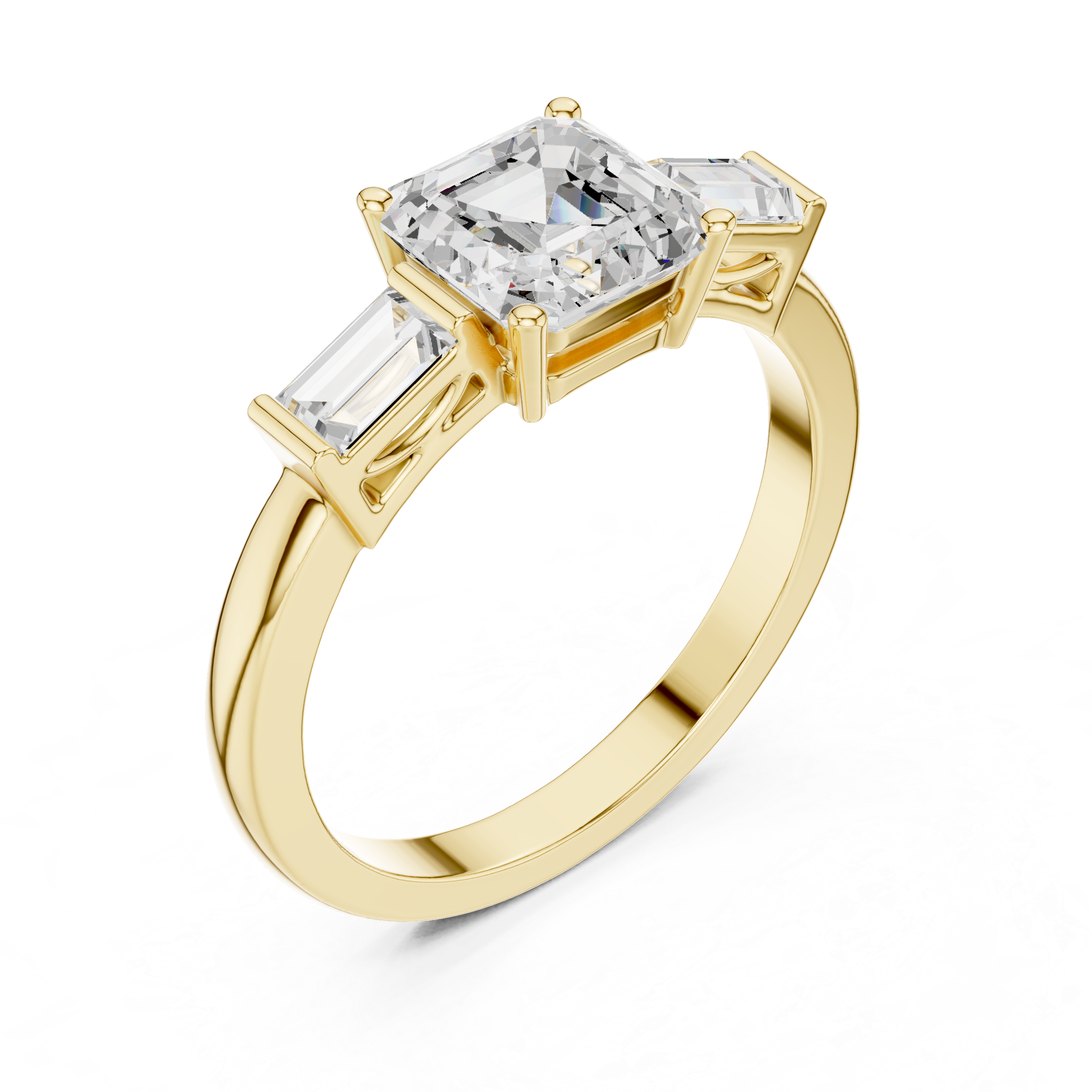 Asscher Cut Three Stone Engagement Ring with Baguette Side Stones