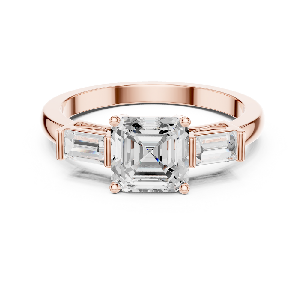 Asscher Cut Three Stone Engagement Ring with Baguette Side Stones
