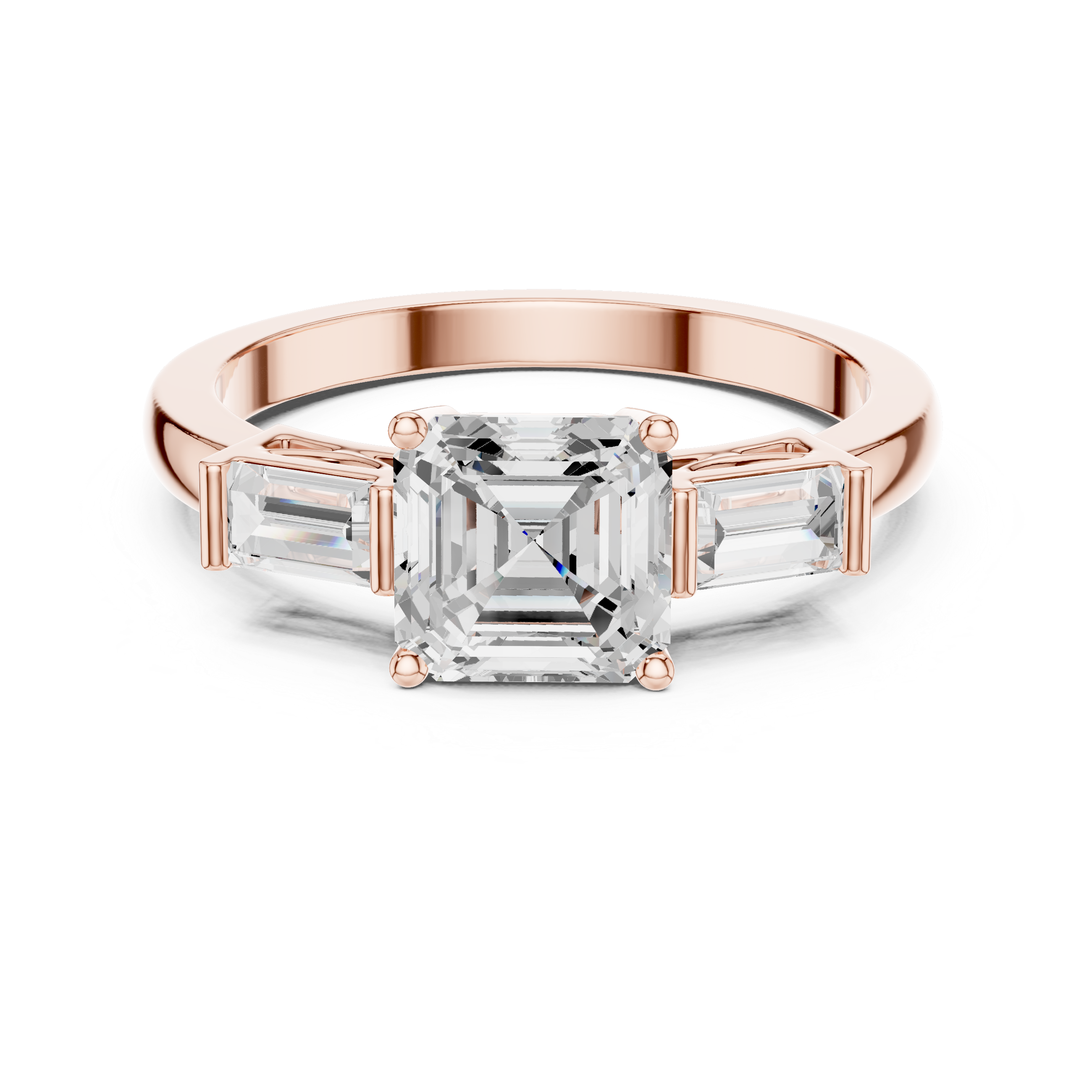Asscher Cut Three Stone Engagement Ring with Baguette Side Stones