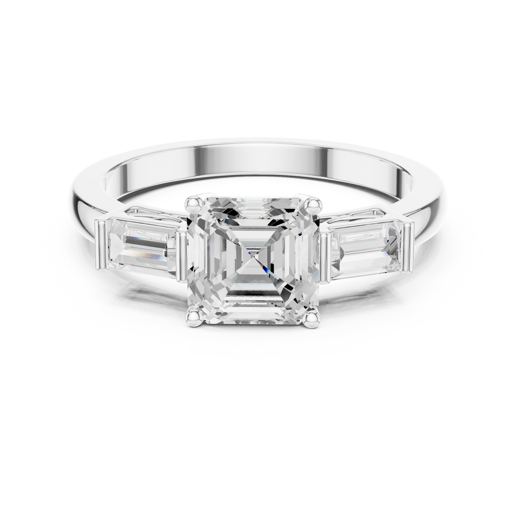 Asscher Cut Three Stone Engagement Ring with Baguette Side Stones