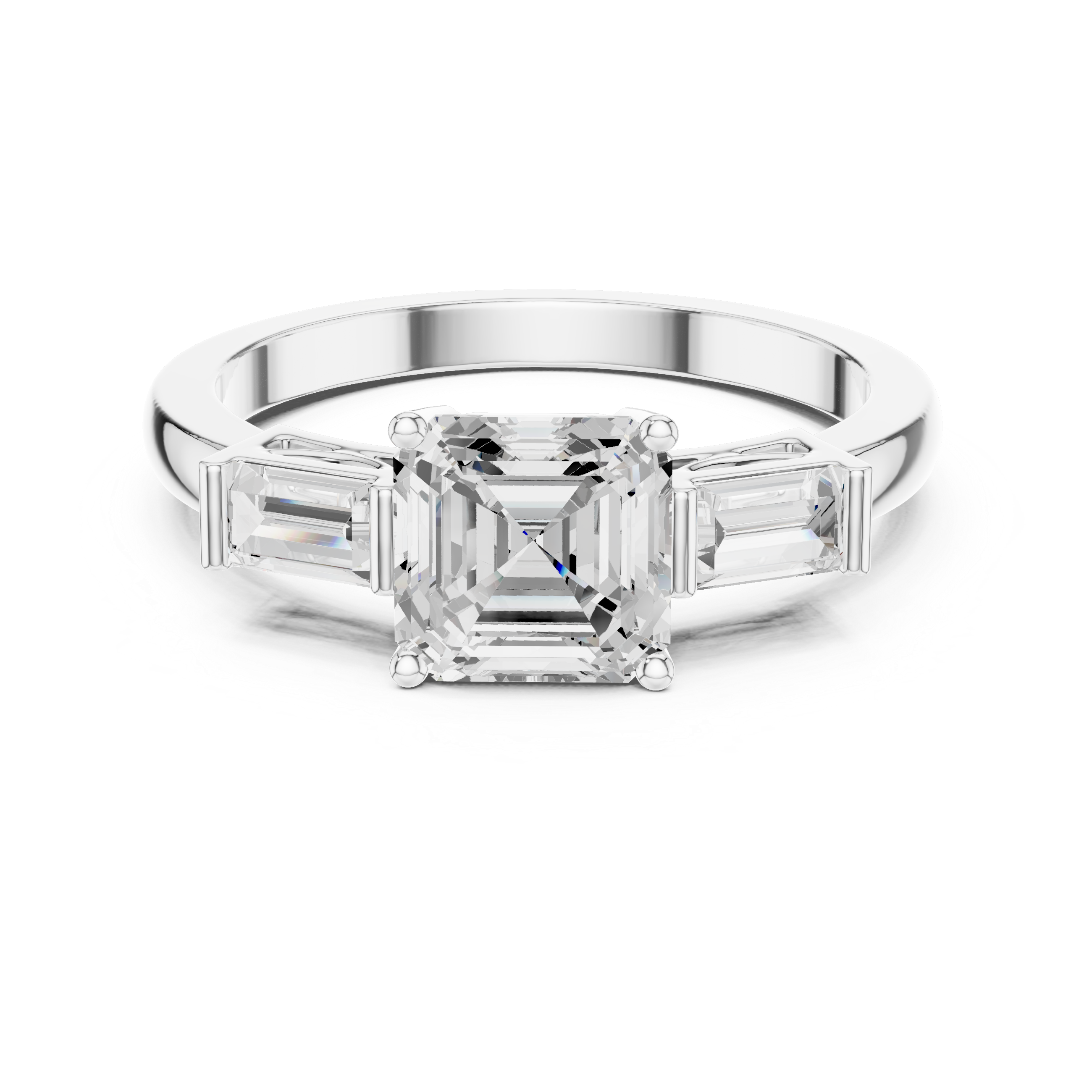 Asscher Cut Three Stone Engagement Ring with Baguette Side Stones
