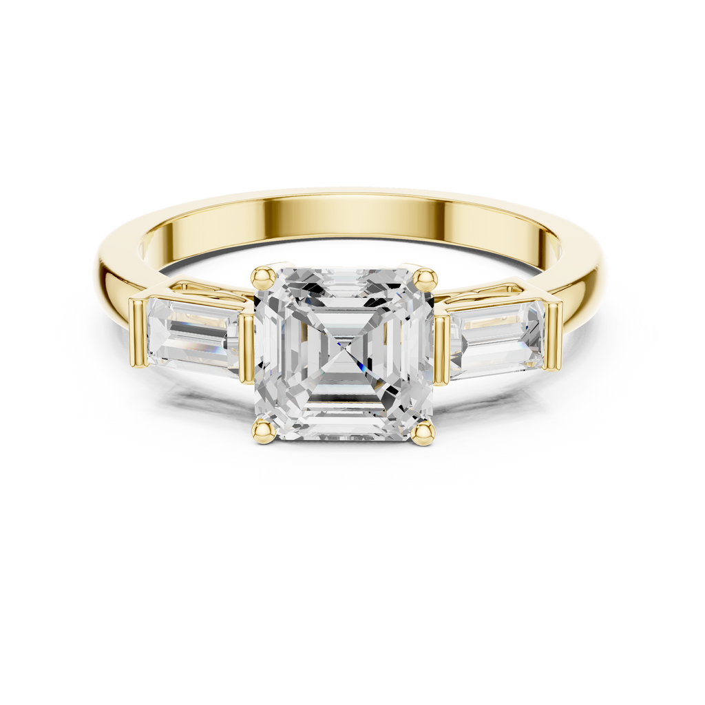 Asscher Cut Three Stone Engagement Ring with Baguette Side Stones