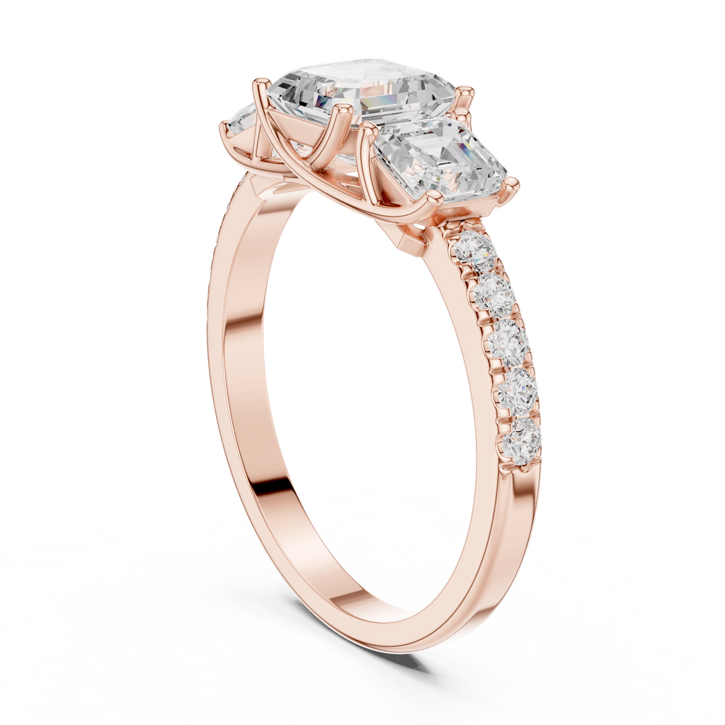 Three Stone Asscher Cut Diamond Engagement Ring with Pavé Band