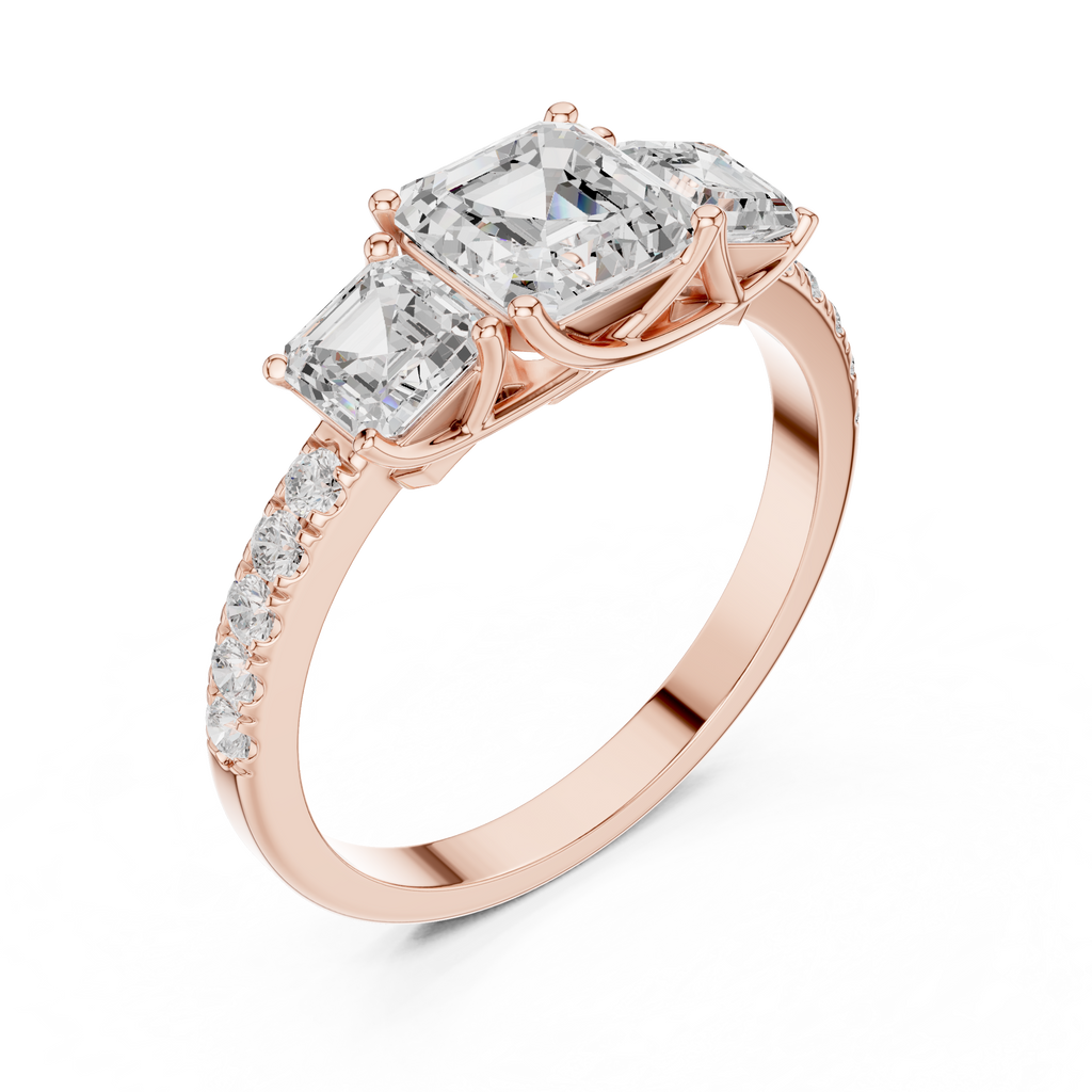 Three Stone Asscher Cut Diamond Engagement Ring with Pavé Band