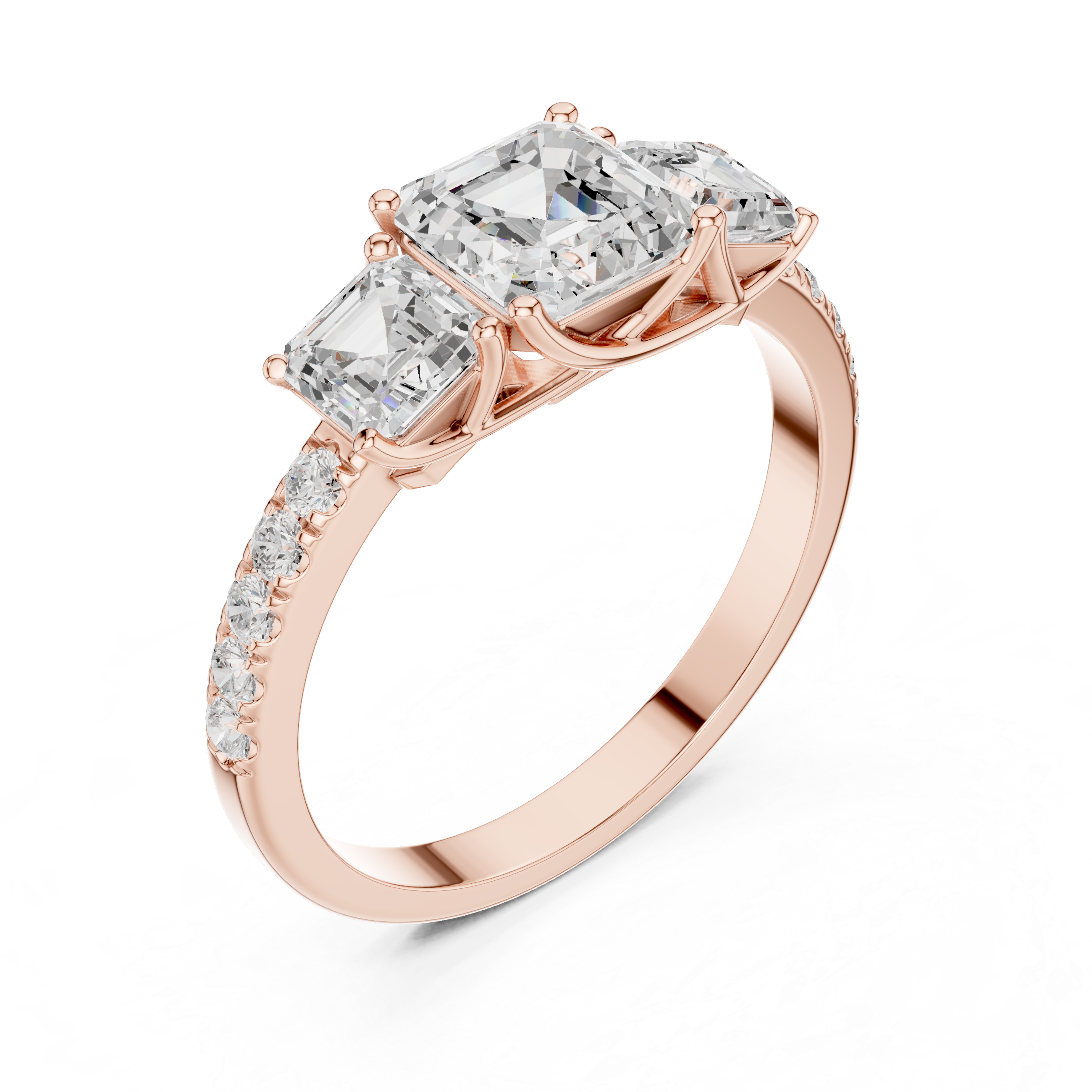 Three Stone Asscher Cut Diamond Engagement Ring with Pavé Band