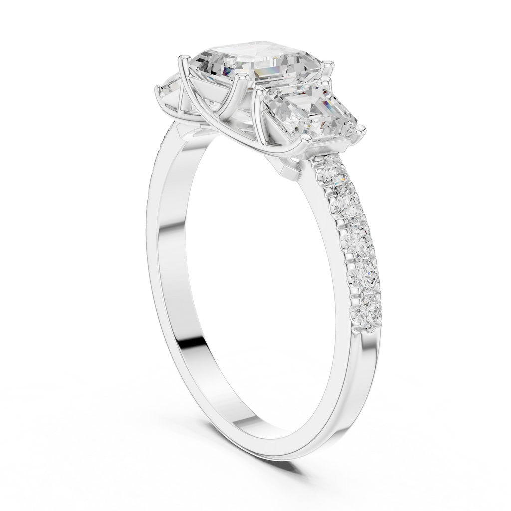 Three Stone Asscher Cut Diamond Engagement Ring with Pavé Band