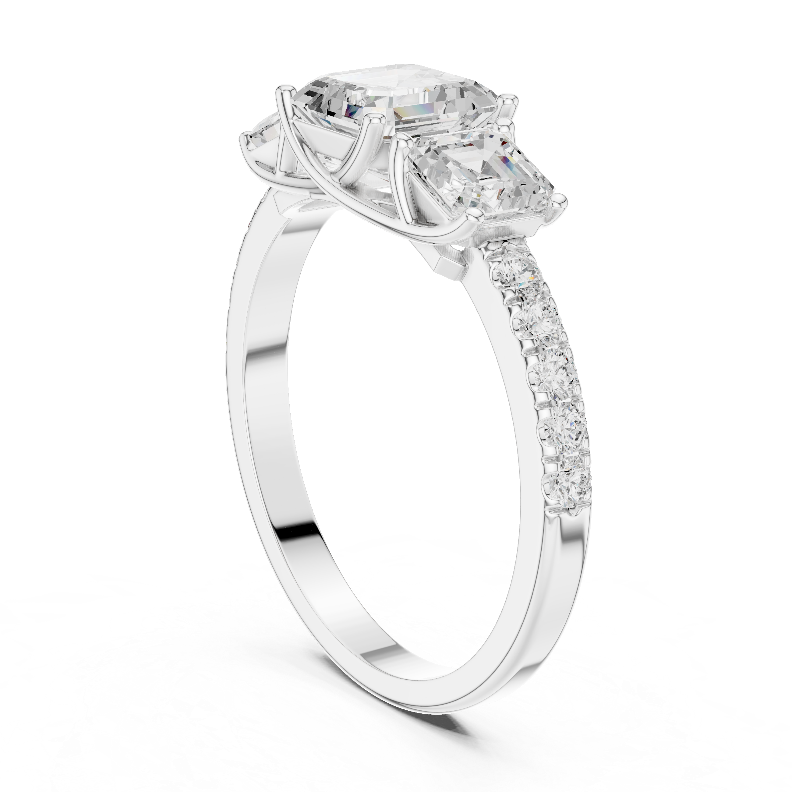 Three Stone Asscher Cut Diamond Engagement Ring with Pavé Band