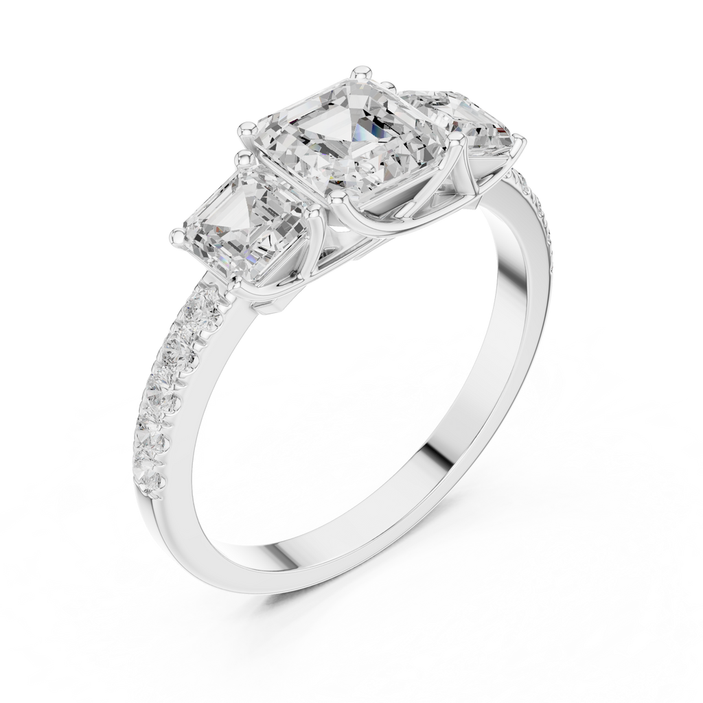 Three Stone Asscher Cut Diamond Engagement Ring with Pavé Band